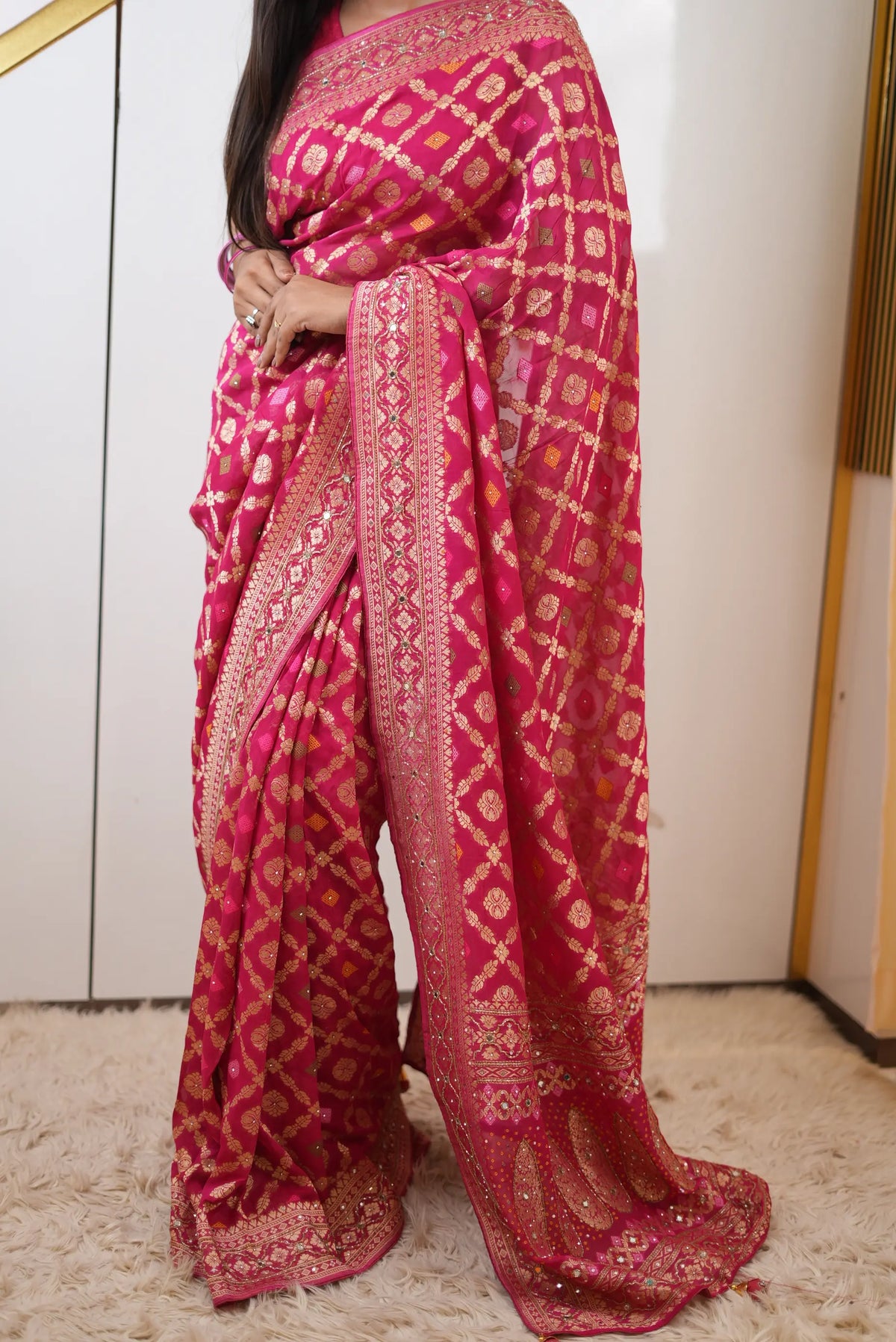 Pure Khaddi Georgette Ghatchola Bandhani Saree with Kolkata Handwork (Cutdana & Mirror) & Zari Work - (with Blouse)