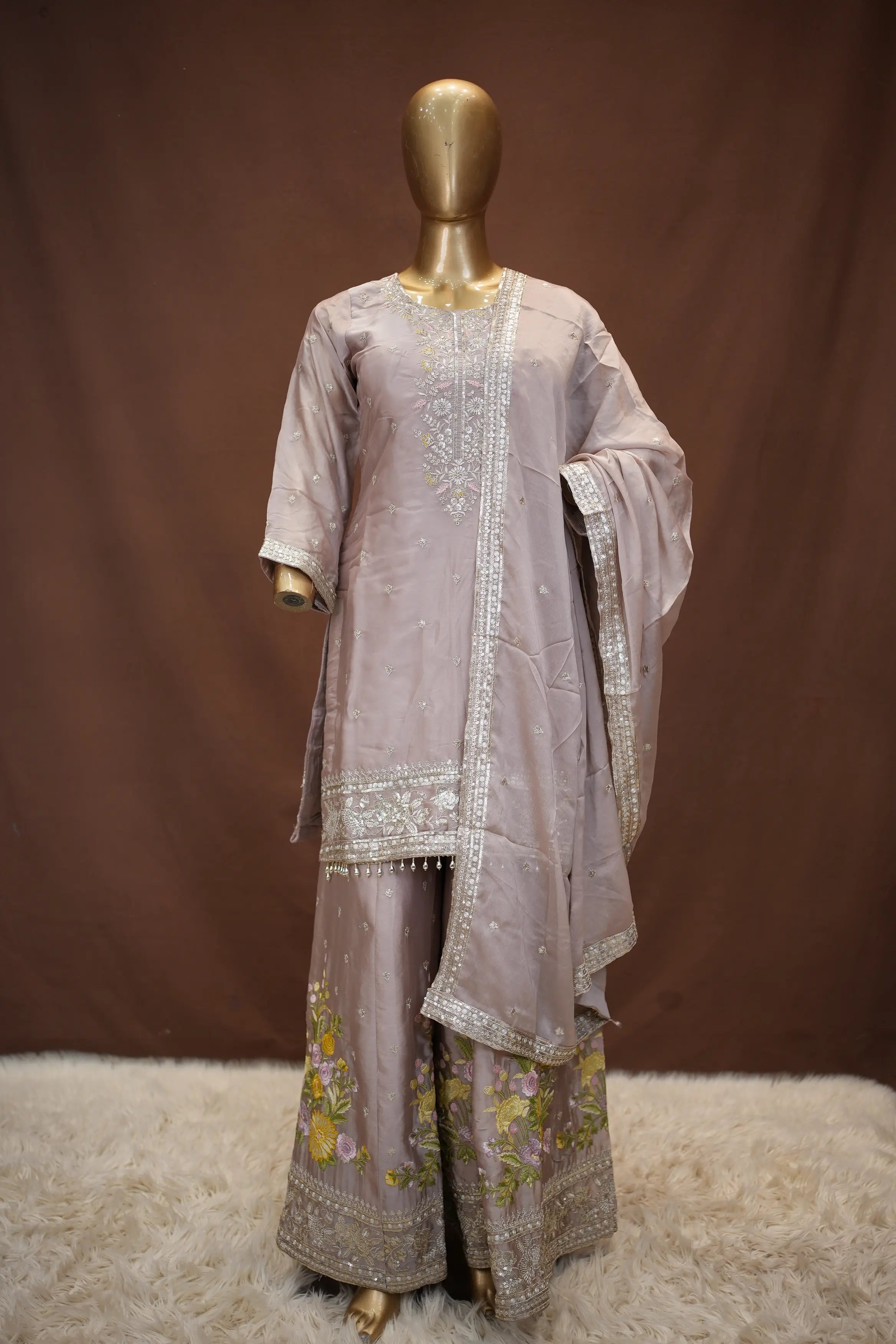 Elegant Mauve Embroidered Suit Set with Floral Palazzo & Dupatta