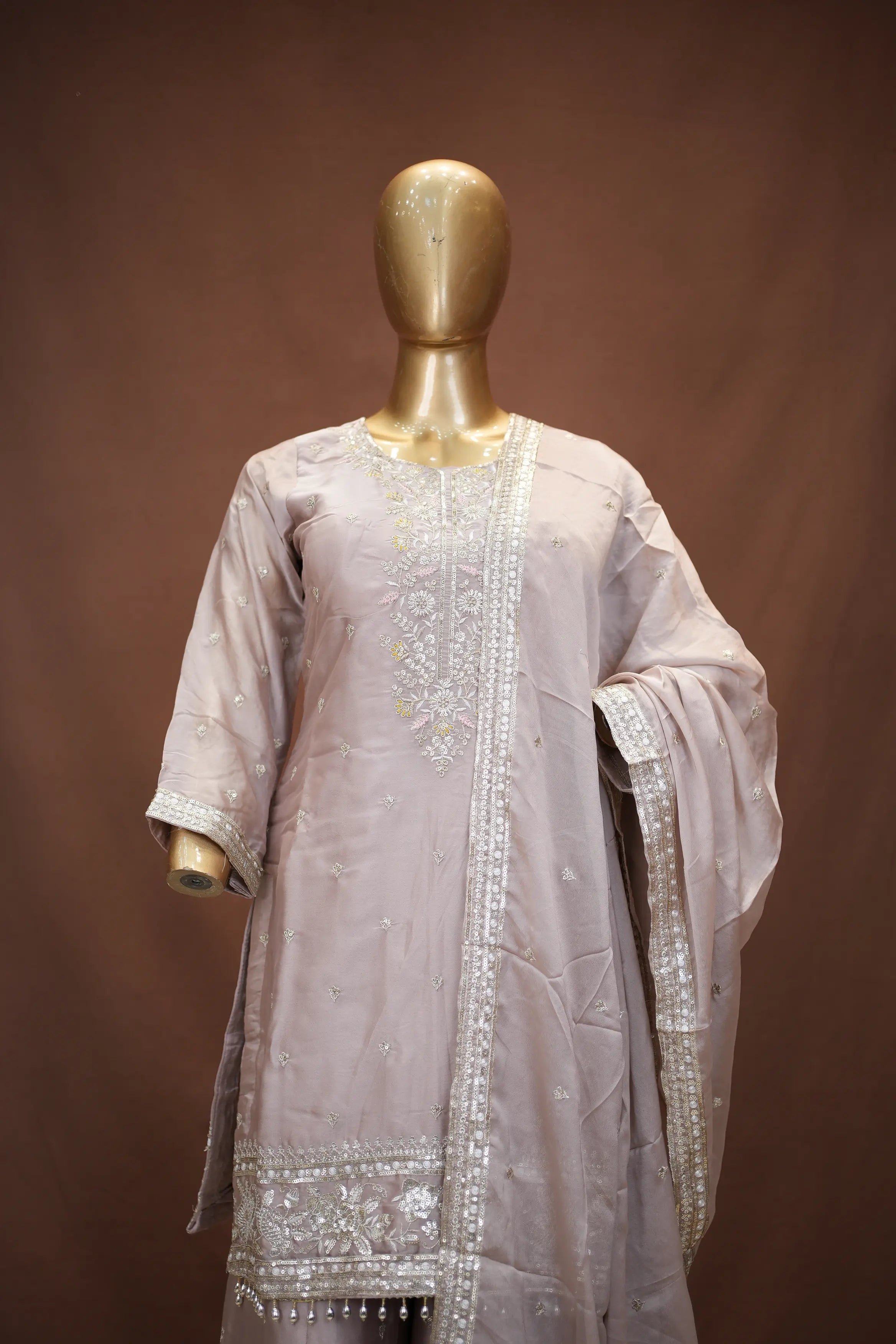 Elegant Mauve Embroidered Suit Set with Floral Palazzo & Dupatta
