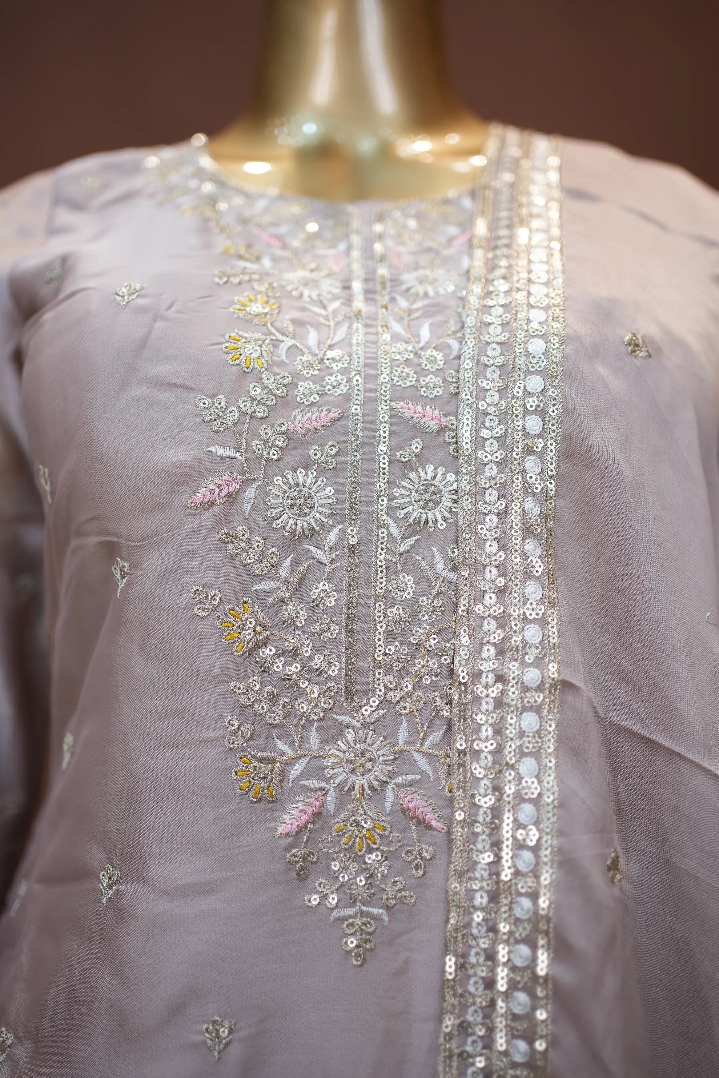 Elegant Mauve Embroidered Suit Set with Floral Palazzo & Dupatta