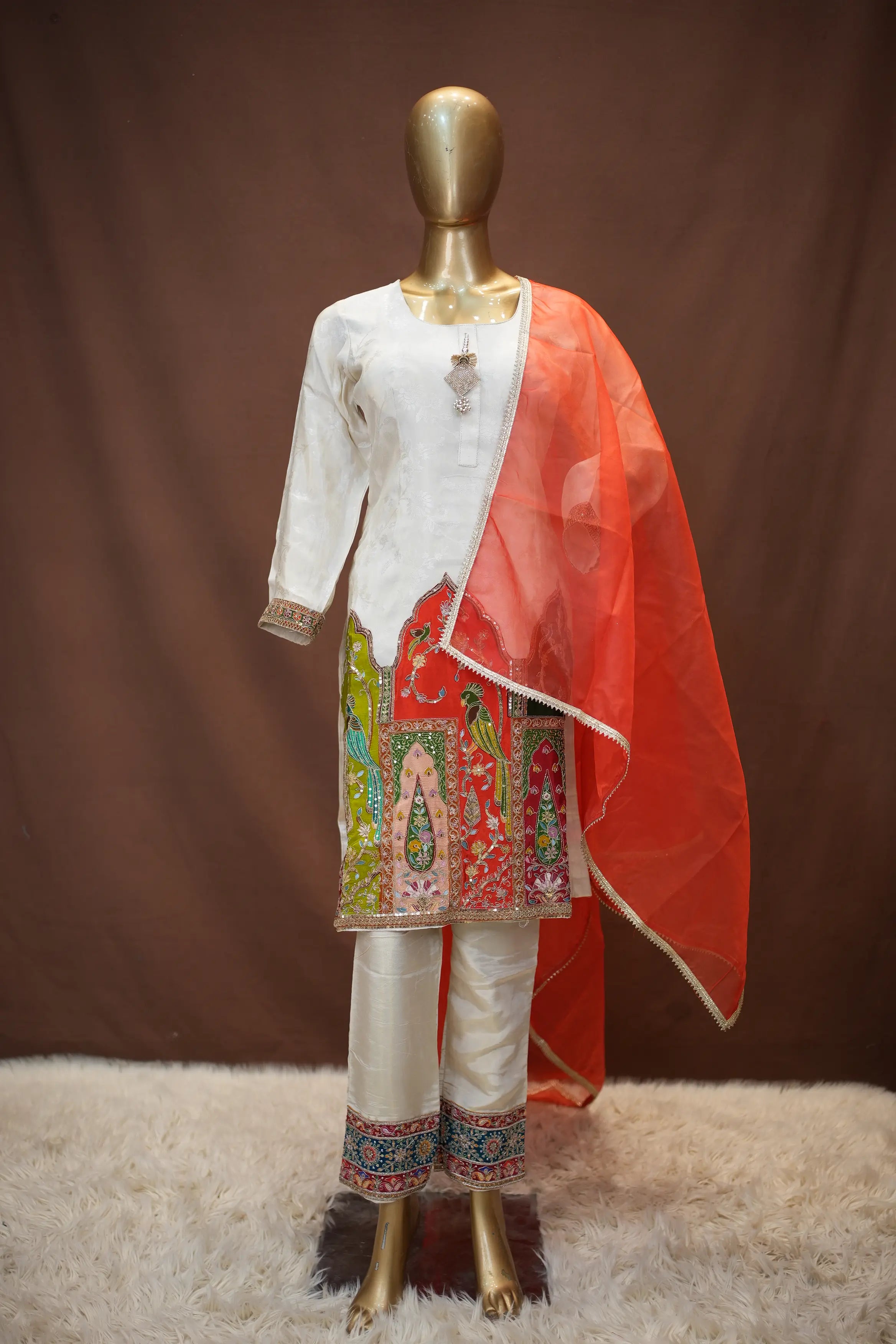 Elegant Designer Kurta Set with Embroidered Hem & Contrast Dupatta