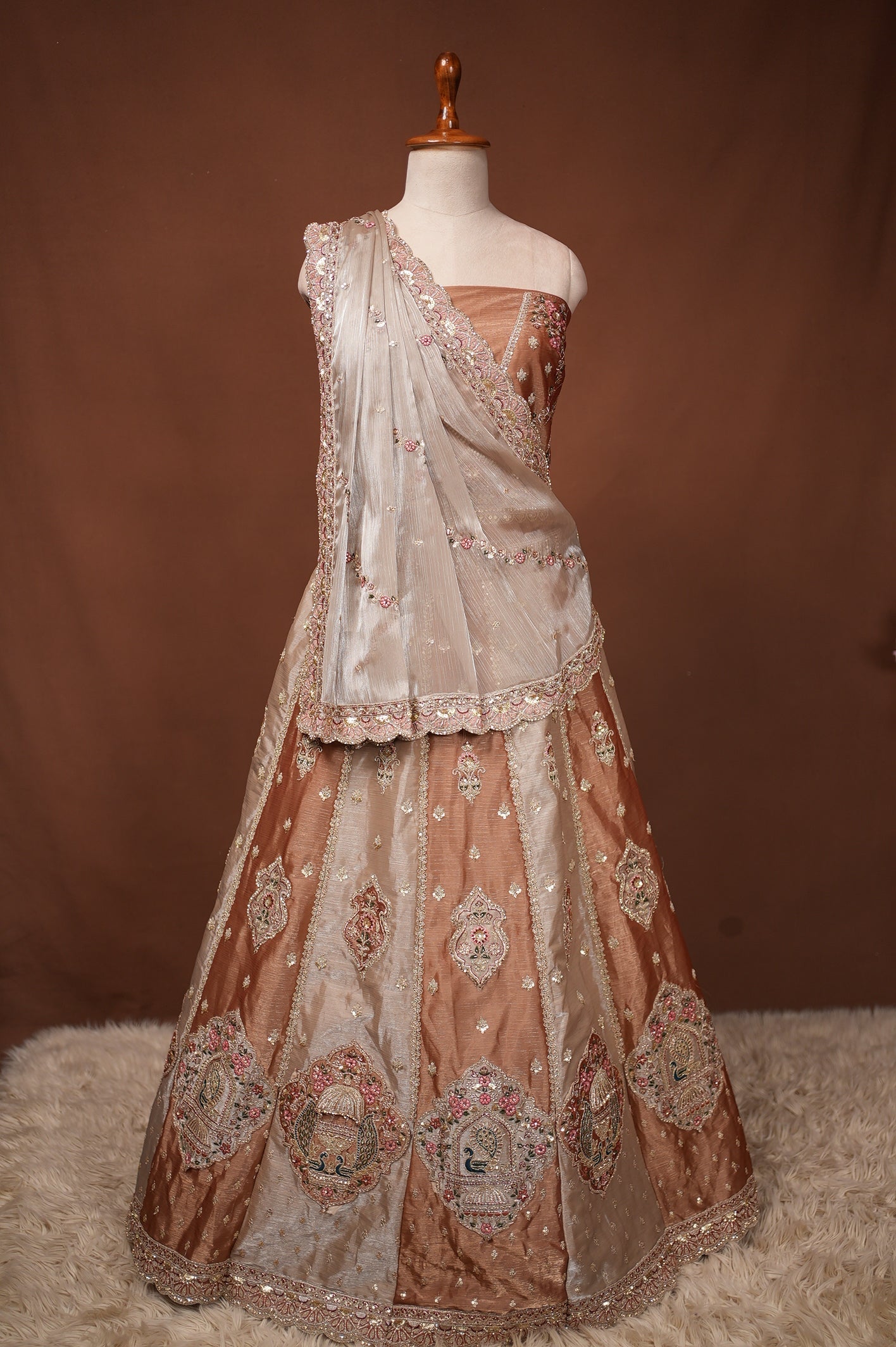 JIMMY CHOO FABRIC FULL FLAIR LEHNGA WITH ZARI AND PATCH WORK IN DUAL TONE WITH HEAVY DUPATTA ##LC051