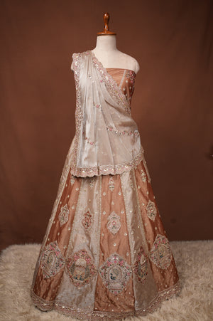 JIMMY CHOO FABRIC FULL FLAIR LEHNGA WITH ZARI AND PATCH WORK IN DUAL TONE WITH HEAVY DUPATTA ##LC051