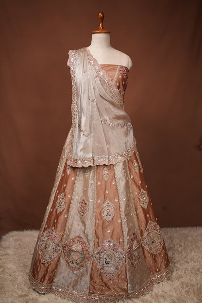 JIMMY CHOO FABRIC FULL FLAIR LEHNGA WITH ZARI AND PATCH WORK IN DUAL TONE WITH HEAVY DUPATTA ##LC051