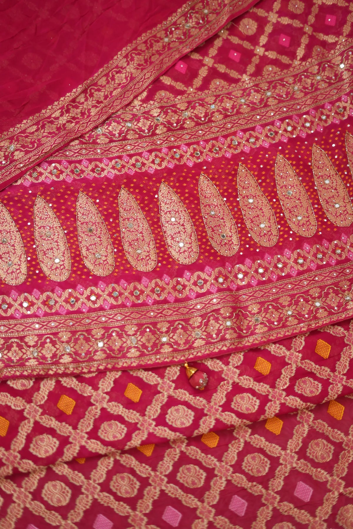 Pure Khaddi Georgette Ghatchola Bandhani Saree with Kolkata Handwork (Cutdana & Mirror) & Zari Work - (with Blouse)