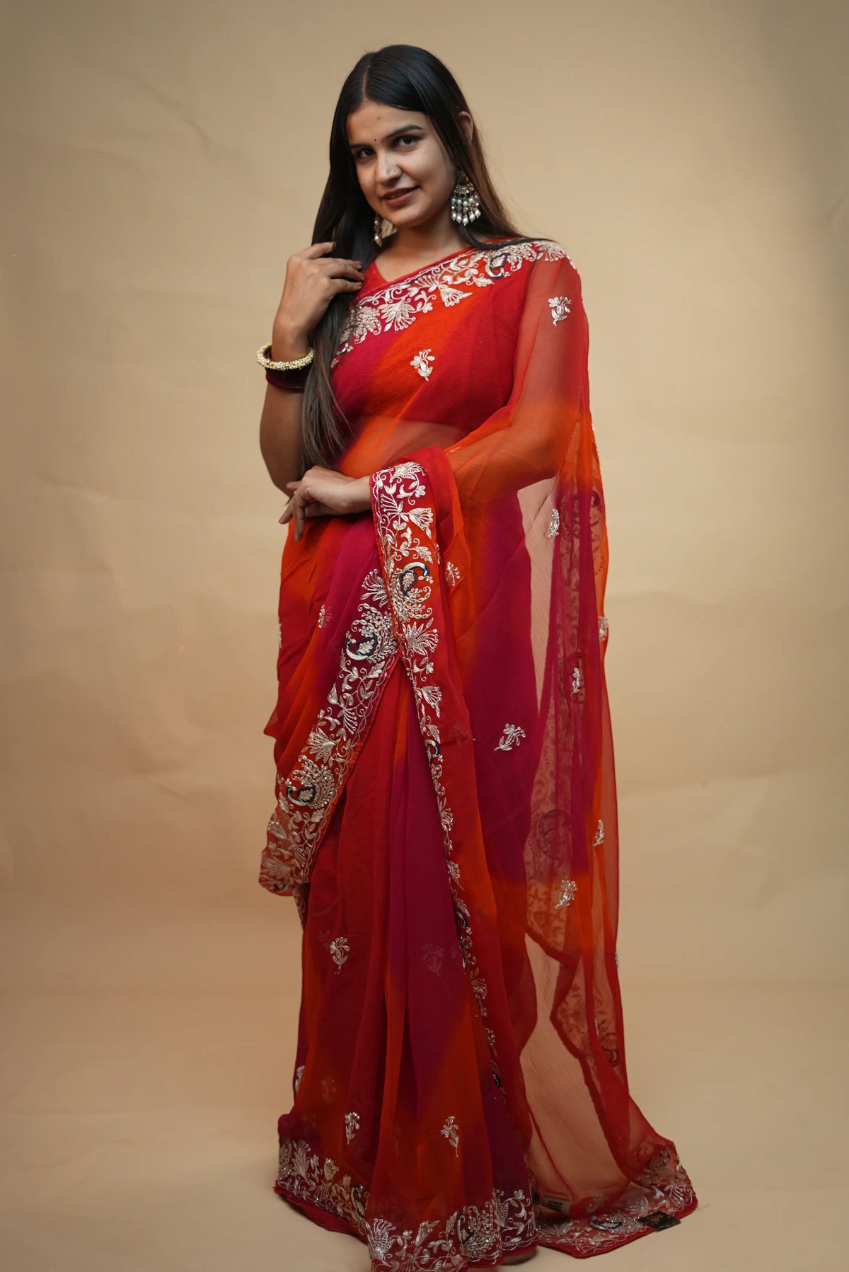 Red & Orange Pure Chiffon Saree with Elegant Peacock Motifs & Intricate Embroidered Border (With Blouse)