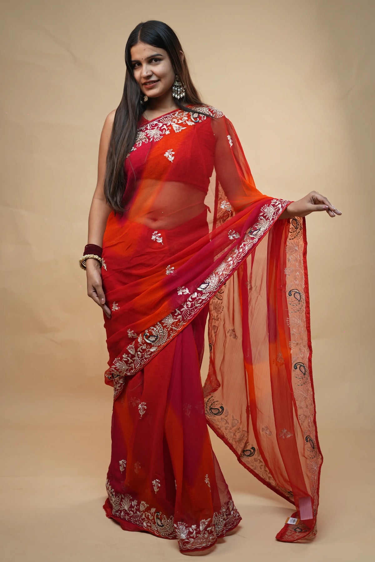 Red & Orange Pure Chiffon Saree with Elegant Peacock Motifs & Intricate Embroidered Border (With Blouse)