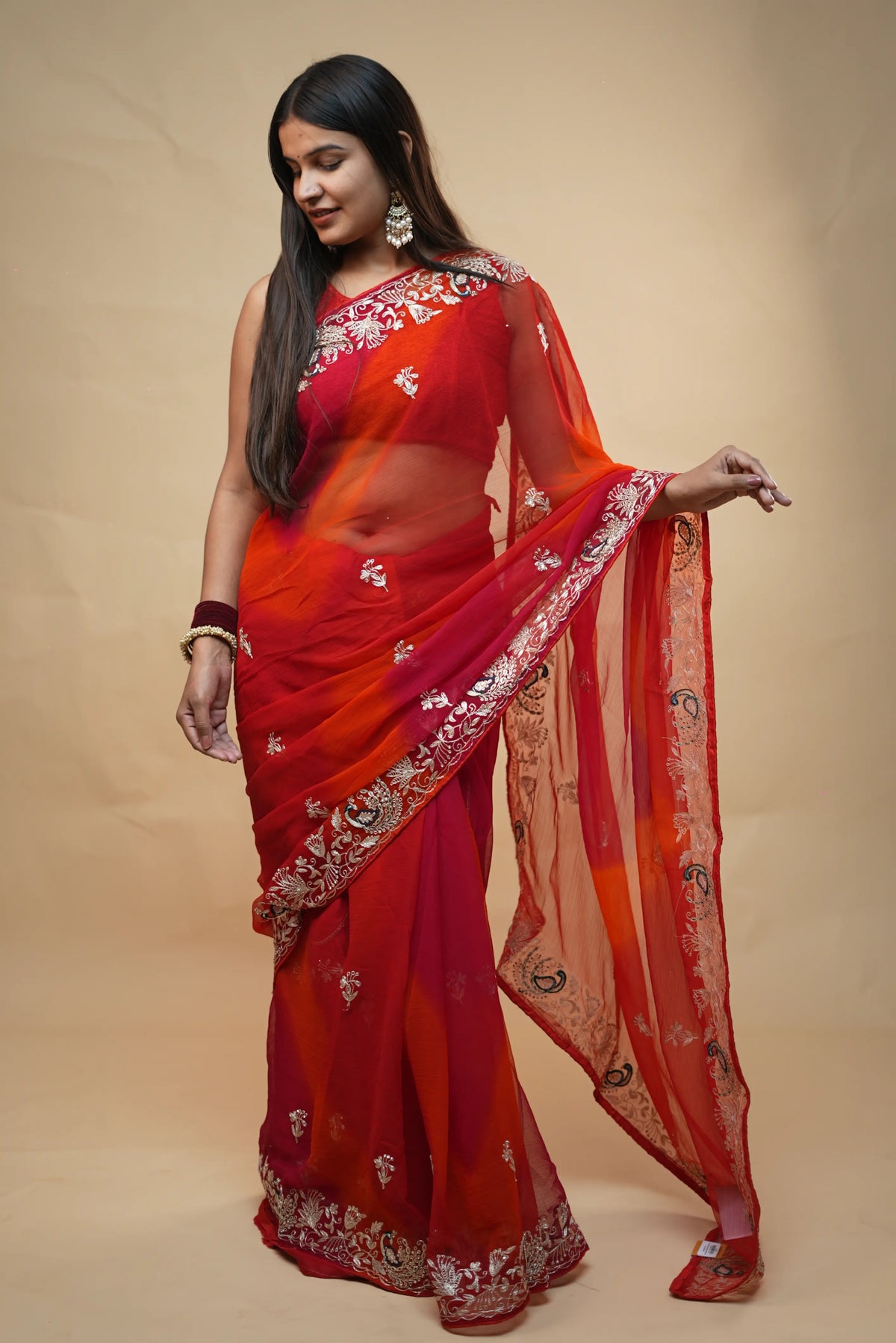 Red & Orange Pure Chiffon Saree with Elegant Peacock Motifs & Intricate Embroidered Border (With Blouse)