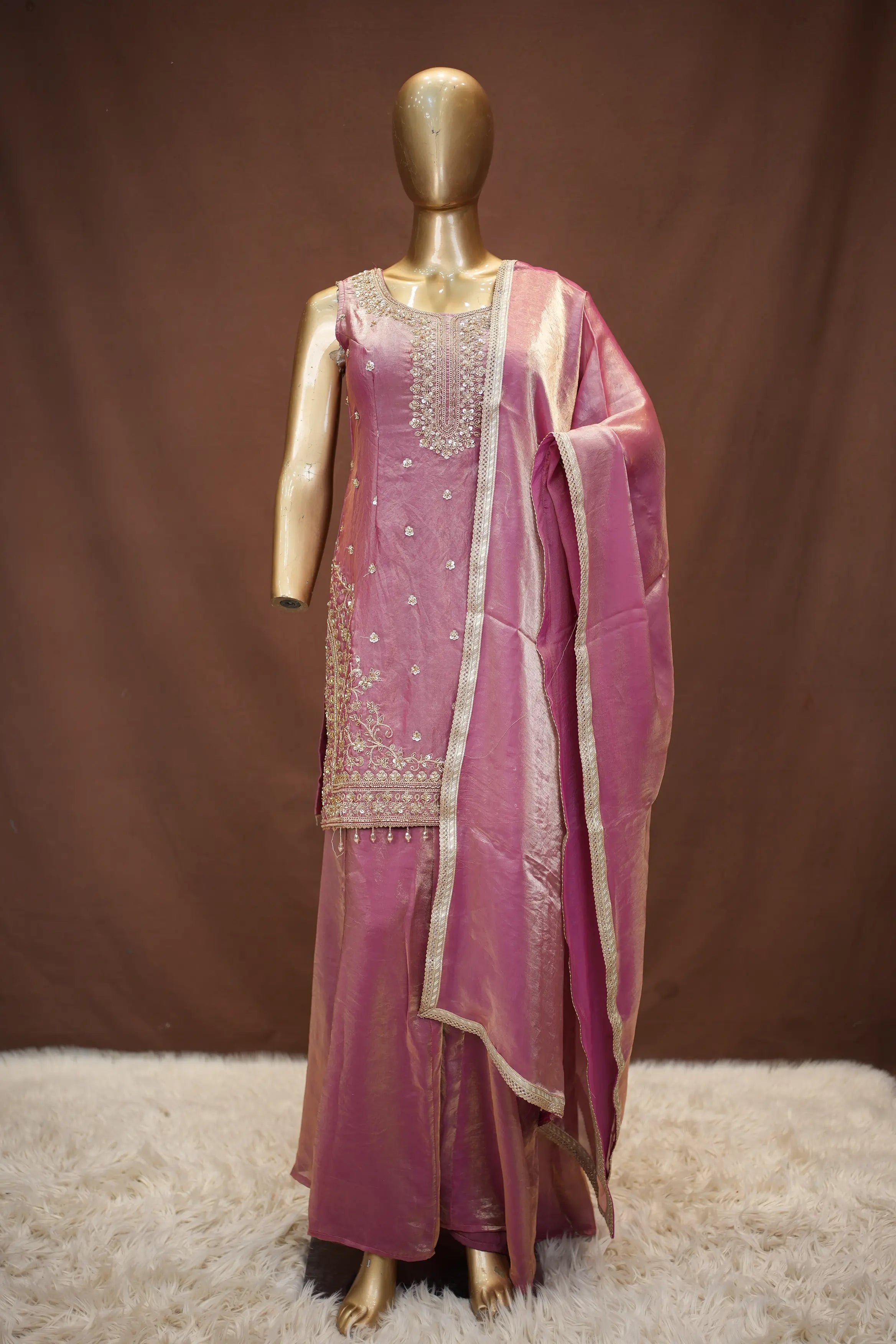 Elegant Dusty Pink Silk Kurta Set with Embroidery & Dupatta