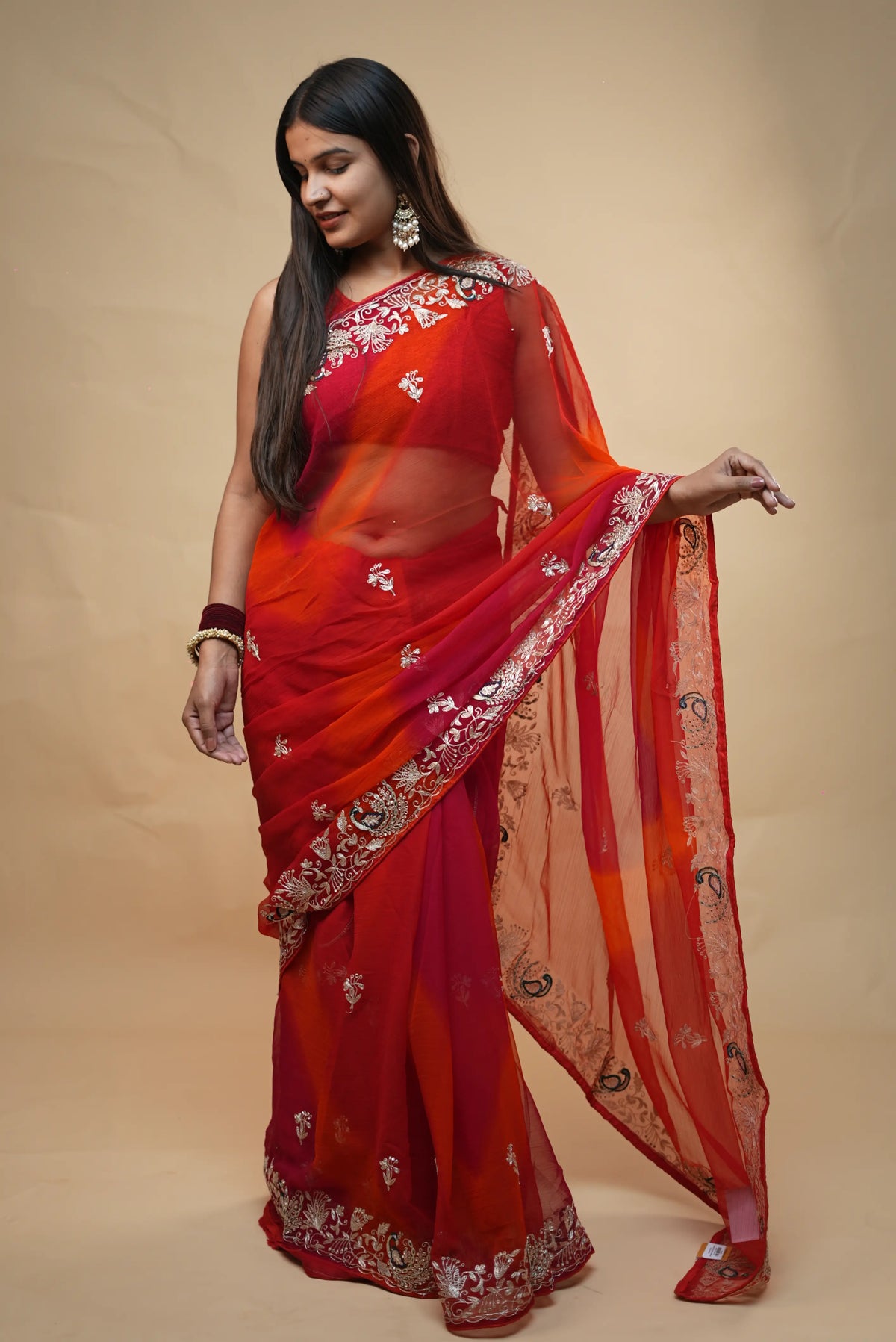 Red & Orange Pure Chiffon Saree with Elegant Peacock Motifs & Intricate Embroidered Border (With Blouse)