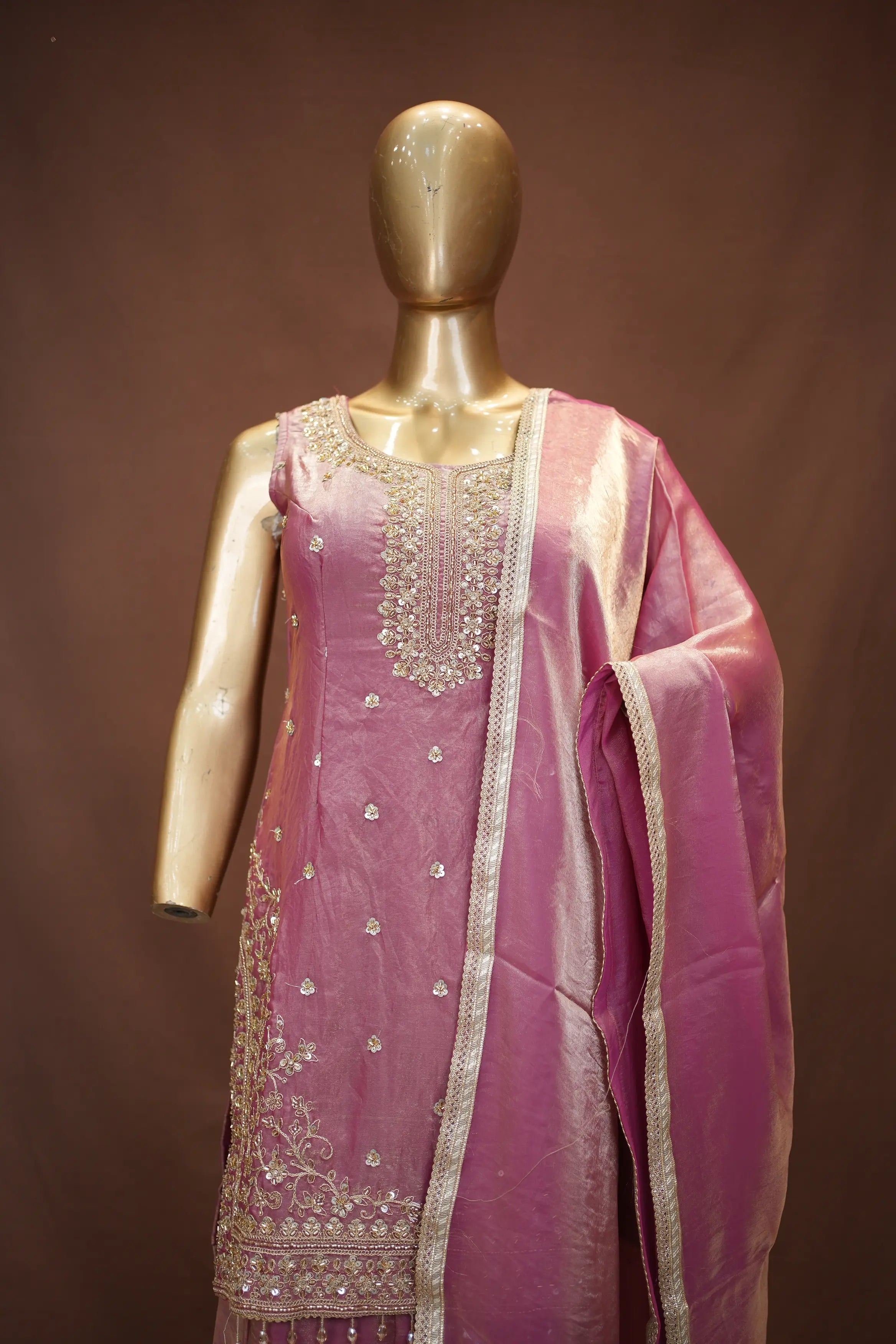 Elegant Dusty Pink Silk Kurta Set with Embroidery & Dupatta