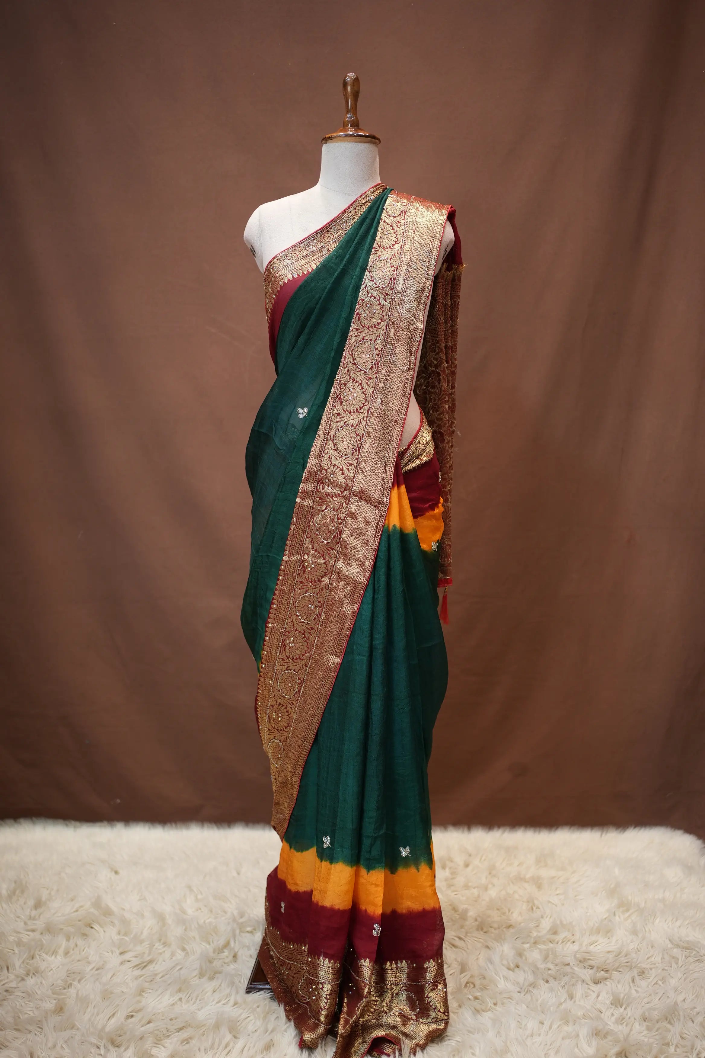Multi Colour zari Weaving Handwork Touch Saree (With Blouse)