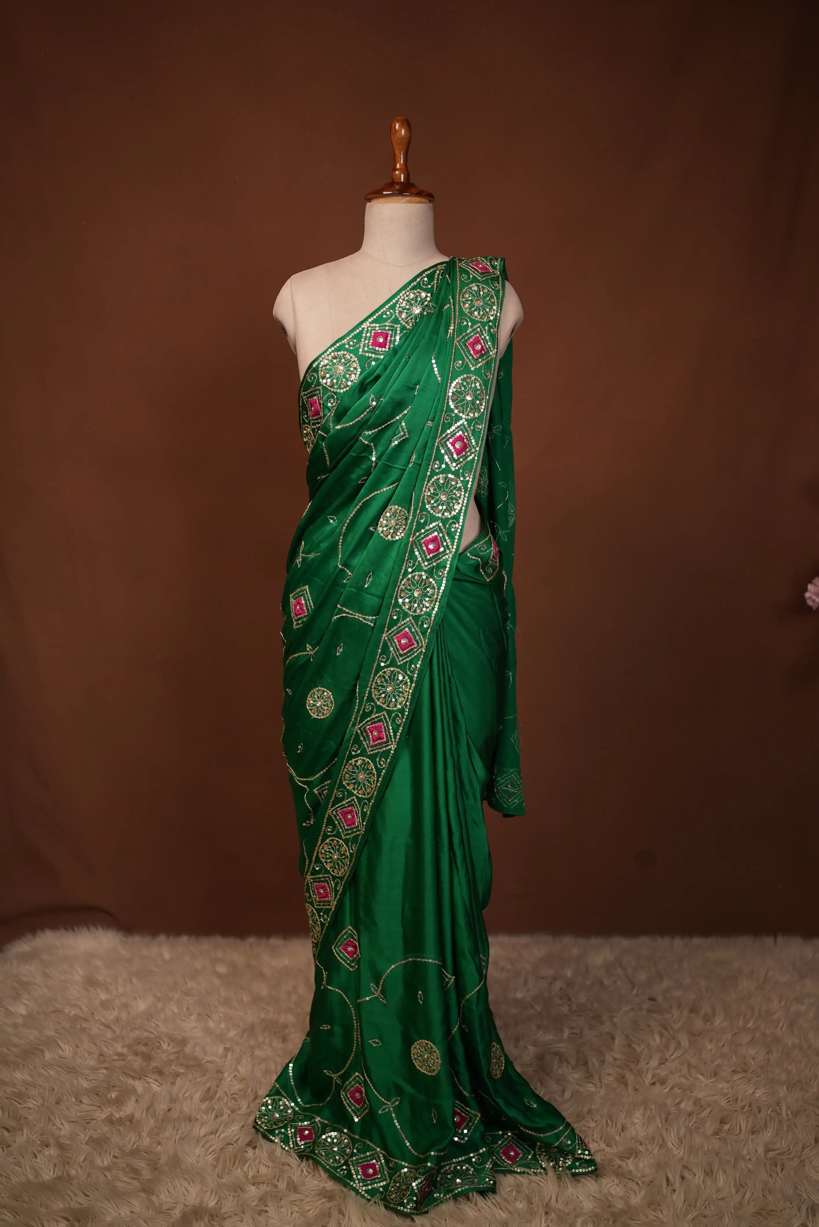 Pure Satin Silk Saree with Aari Tari Vintage Work (With Blouse)