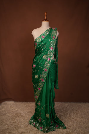 PURE SATIN SILK FABRIC SAREE WITH ARI TARI VINTAGE WORK (WITH CONTRAST PINK BLOUSE)  ##SR483