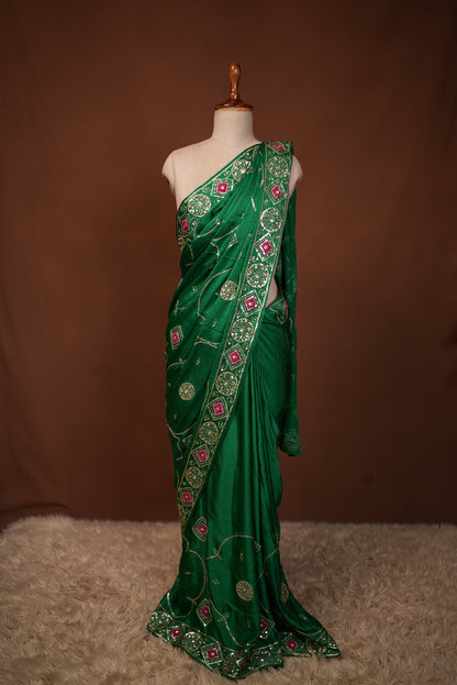 PURE SATIN SILK FABRIC SAREE WITH ARI TARI VINTAGE WORK (WITH CONTRAST PINK BLOUSE)  ##SR483