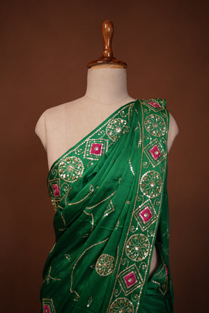 PURE SATIN SILK FABRIC SAREE WITH ARI TARI VINTAGE WORK (WITH CONTRAST PINK BLOUSE)  ##SR483