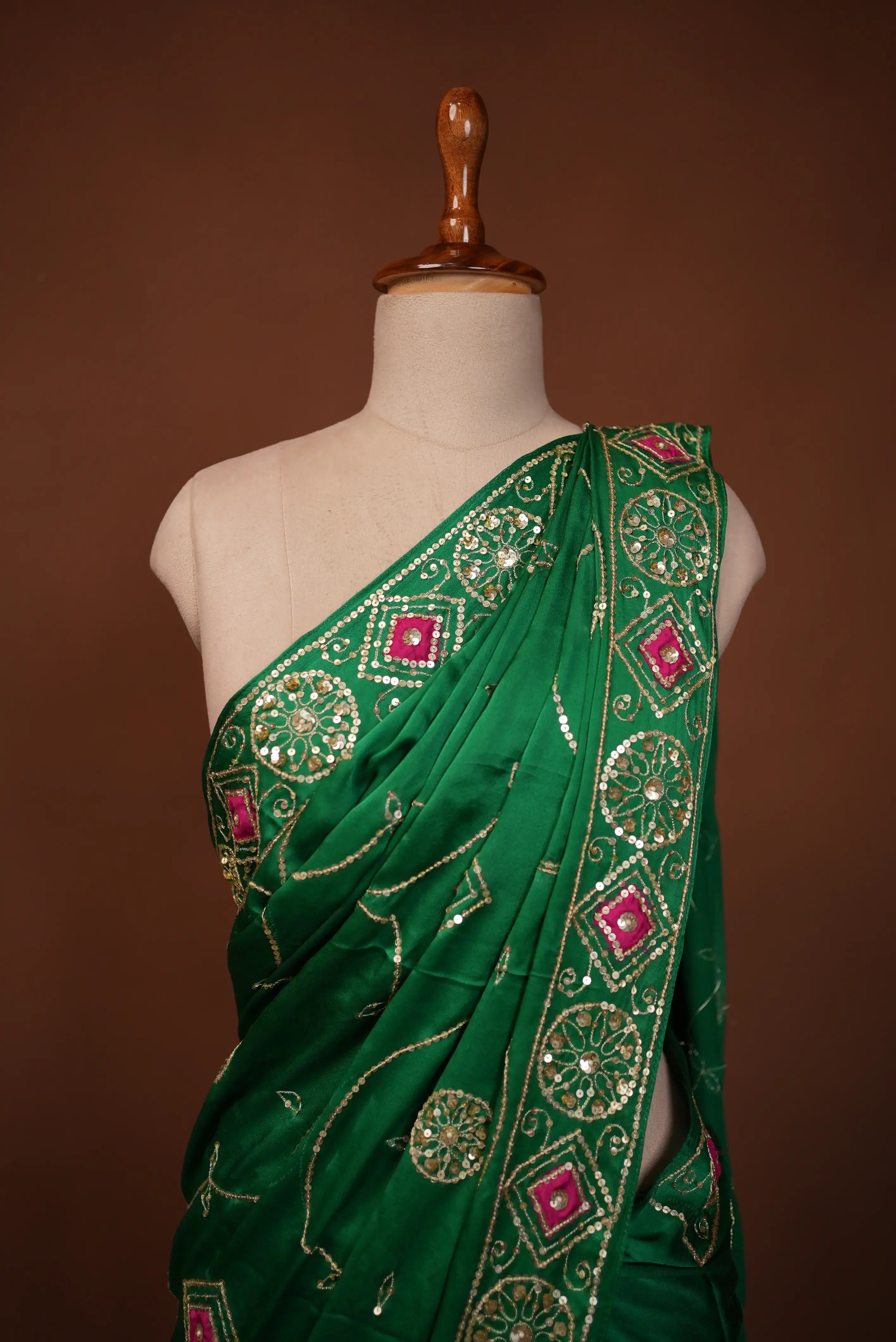 Pure Satin Silk Saree with Aari Tari Vintage Work (With Blouse)