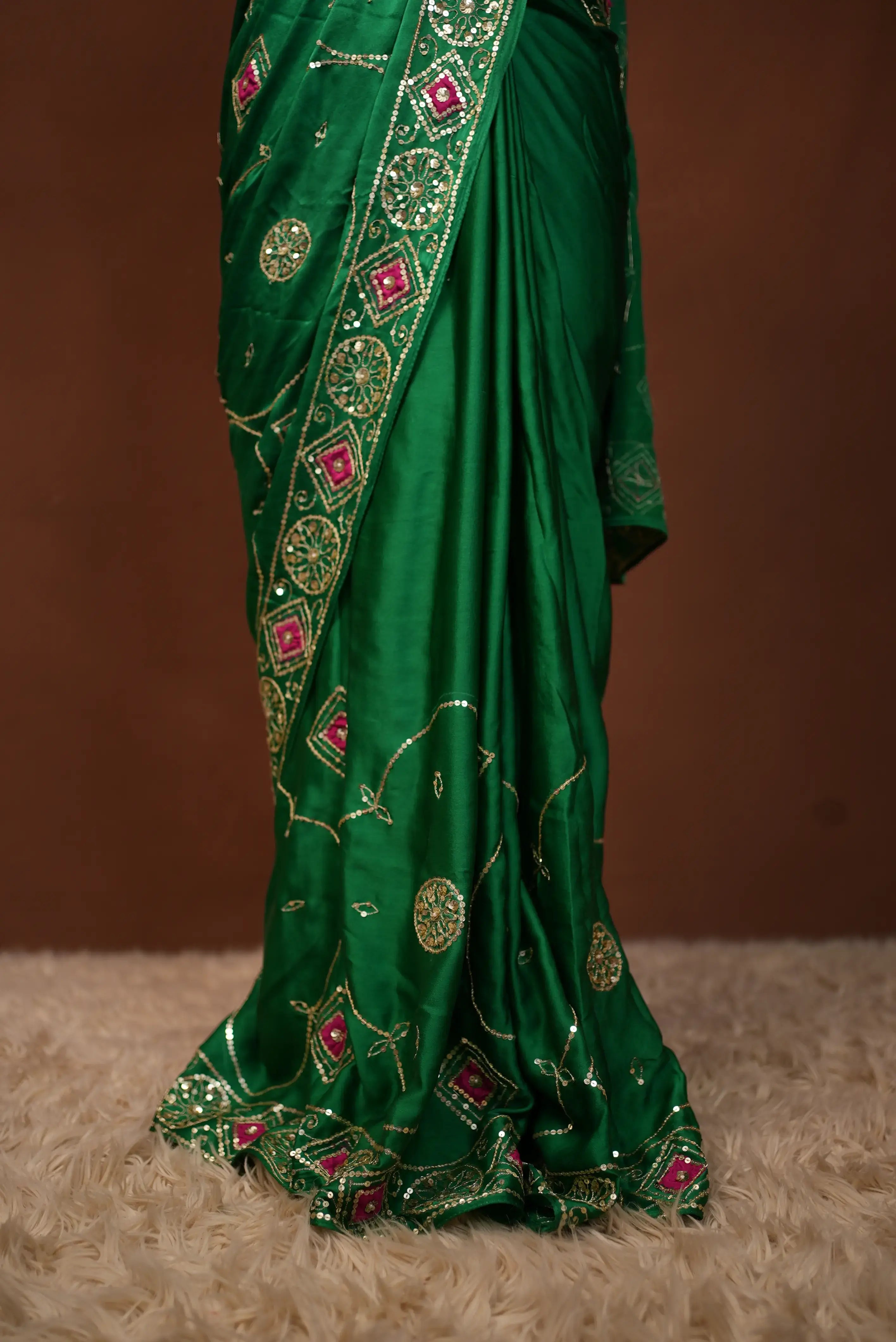 Pure Satin Silk Saree with Aari Tari Vintage Work (With Blouse)