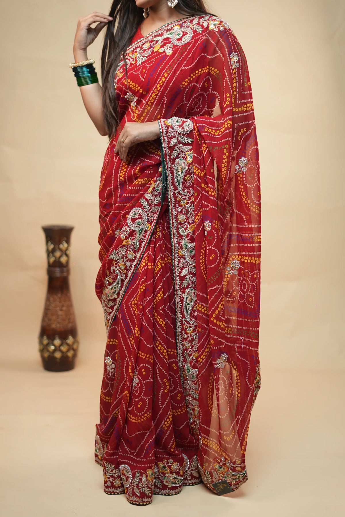 Traditional Red Bandhani Saree with Intricate Aari Tari, Sequin Work & Heavy Embroidered Border (With Blouse)