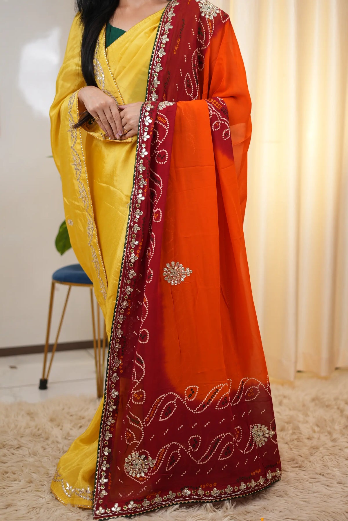 Front view of 1.5 paat Shekhawati Pila Viscose Georgette dupatta