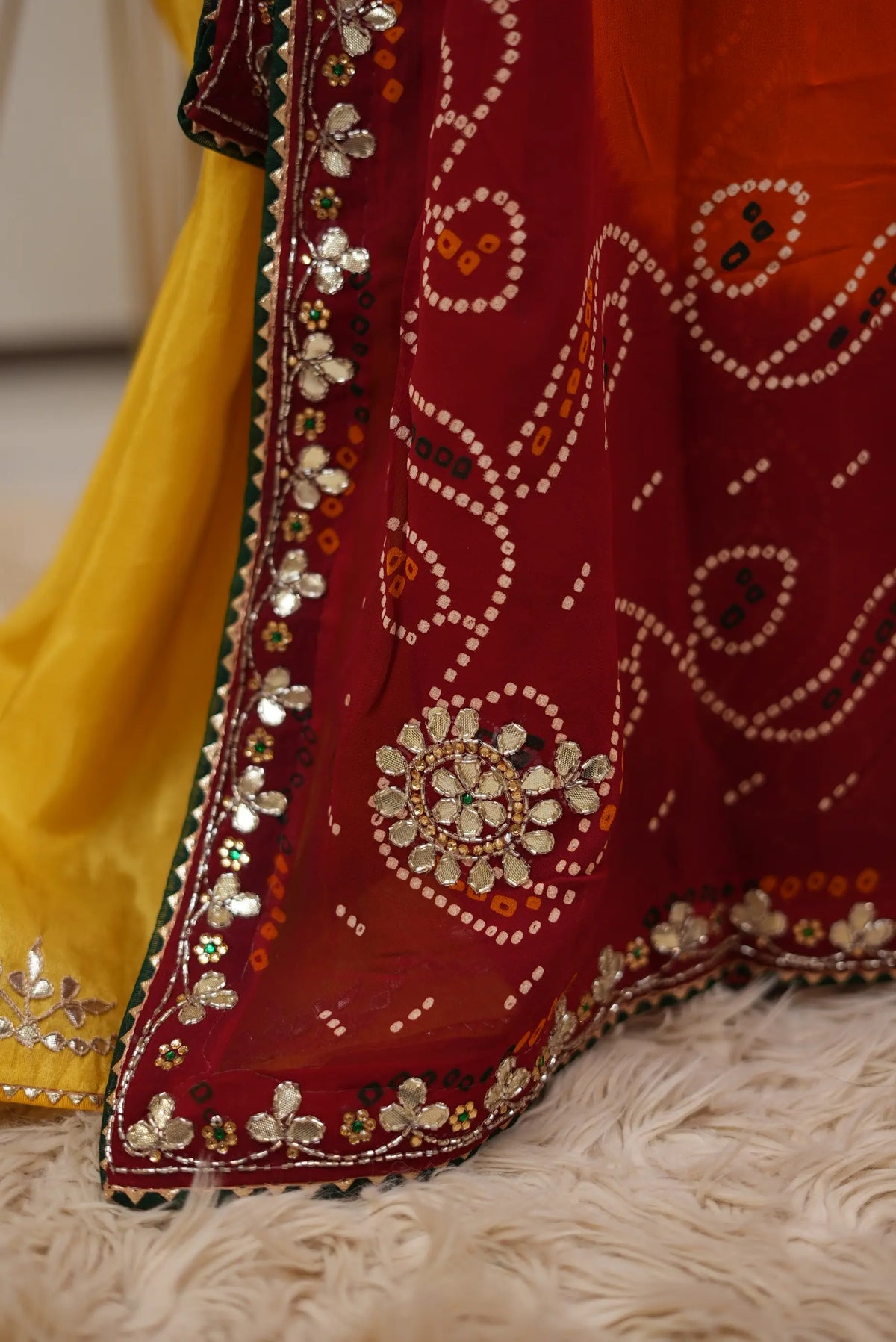 Close up of Shekhawati Pila dupatta showing circular Gota Patti center motif