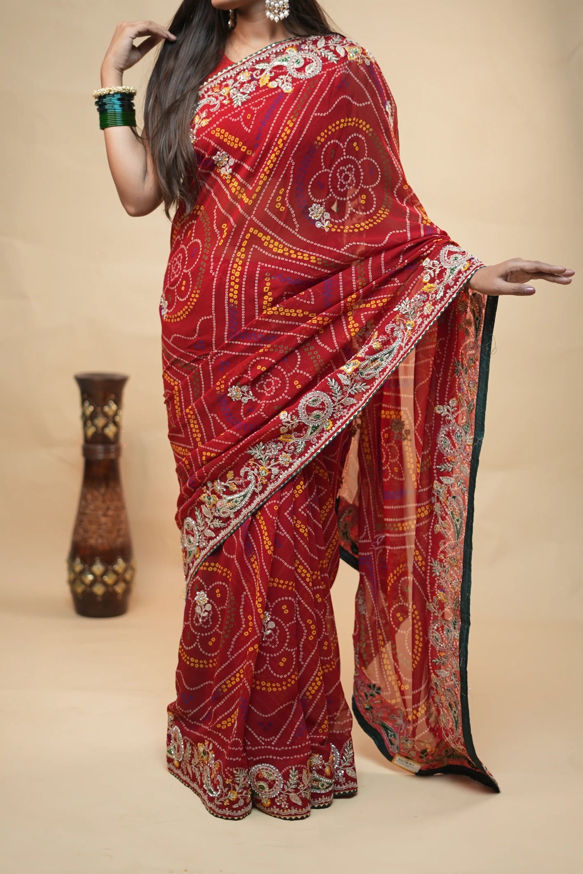 Traditional Red Bandhani Saree with Intricate Aari Tari, Sequin Work & Heavy Embroidered Border (With Blouse)