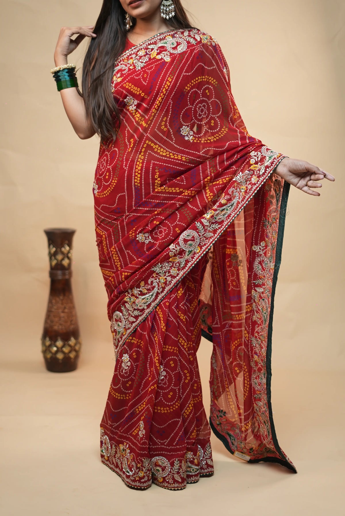 Traditional Red Bandhani Saree with Intricate Aari Tari, Sequin Work & Heavy Embroidered Border (With Blouse)