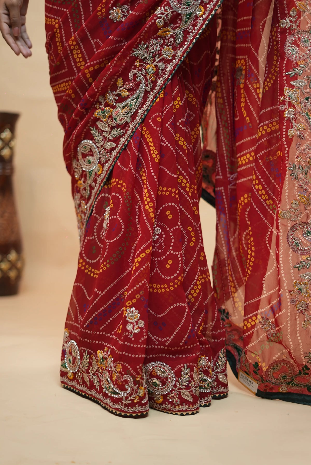 Traditional Red Bandhani Saree with Intricate Aari Tari, Sequin Work & Heavy Embroidered Border (With Blouse)