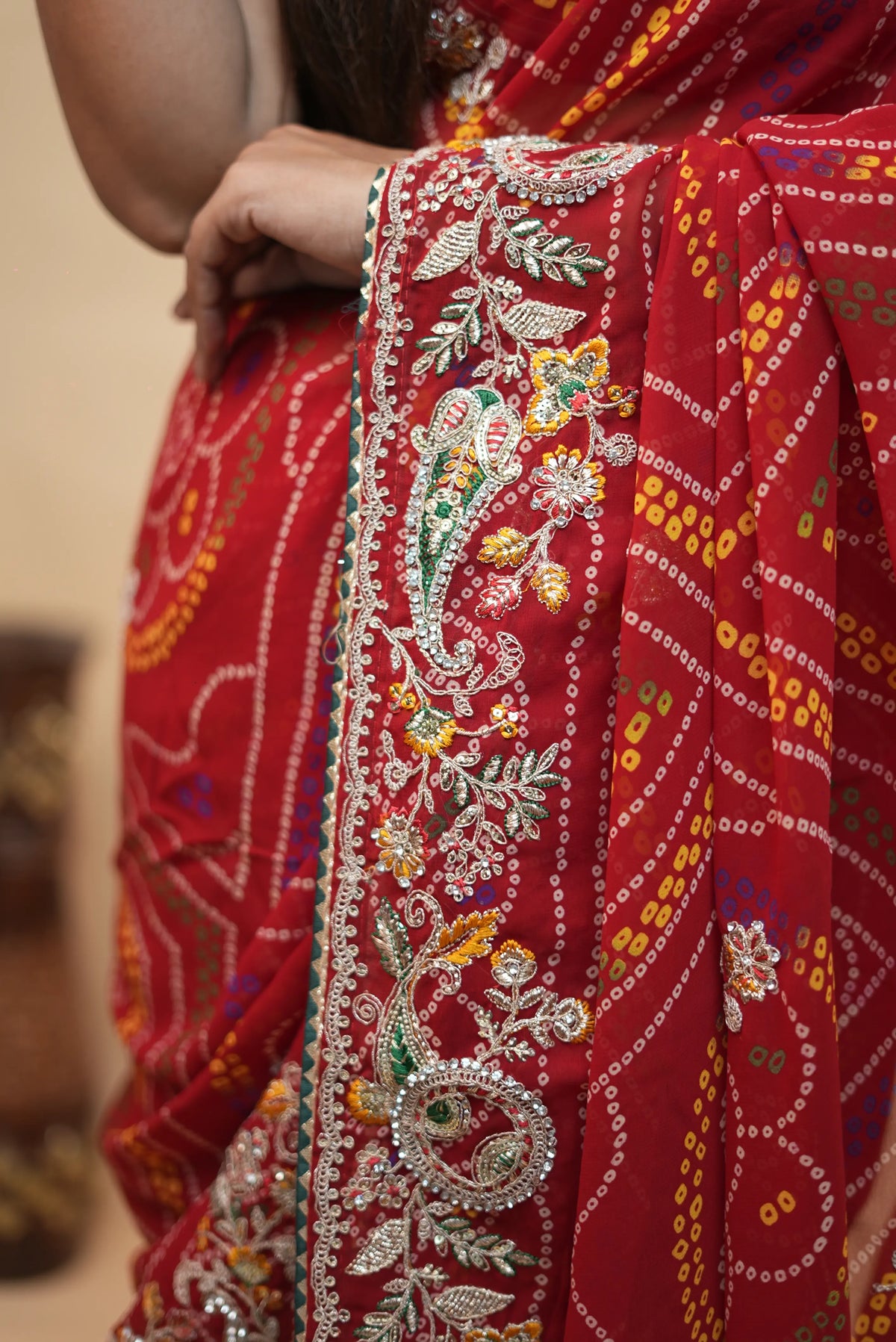 Traditional Red Bandhani Saree with Intricate Aari Tari, Sequin Work & Heavy Embroidered Border (With Blouse)