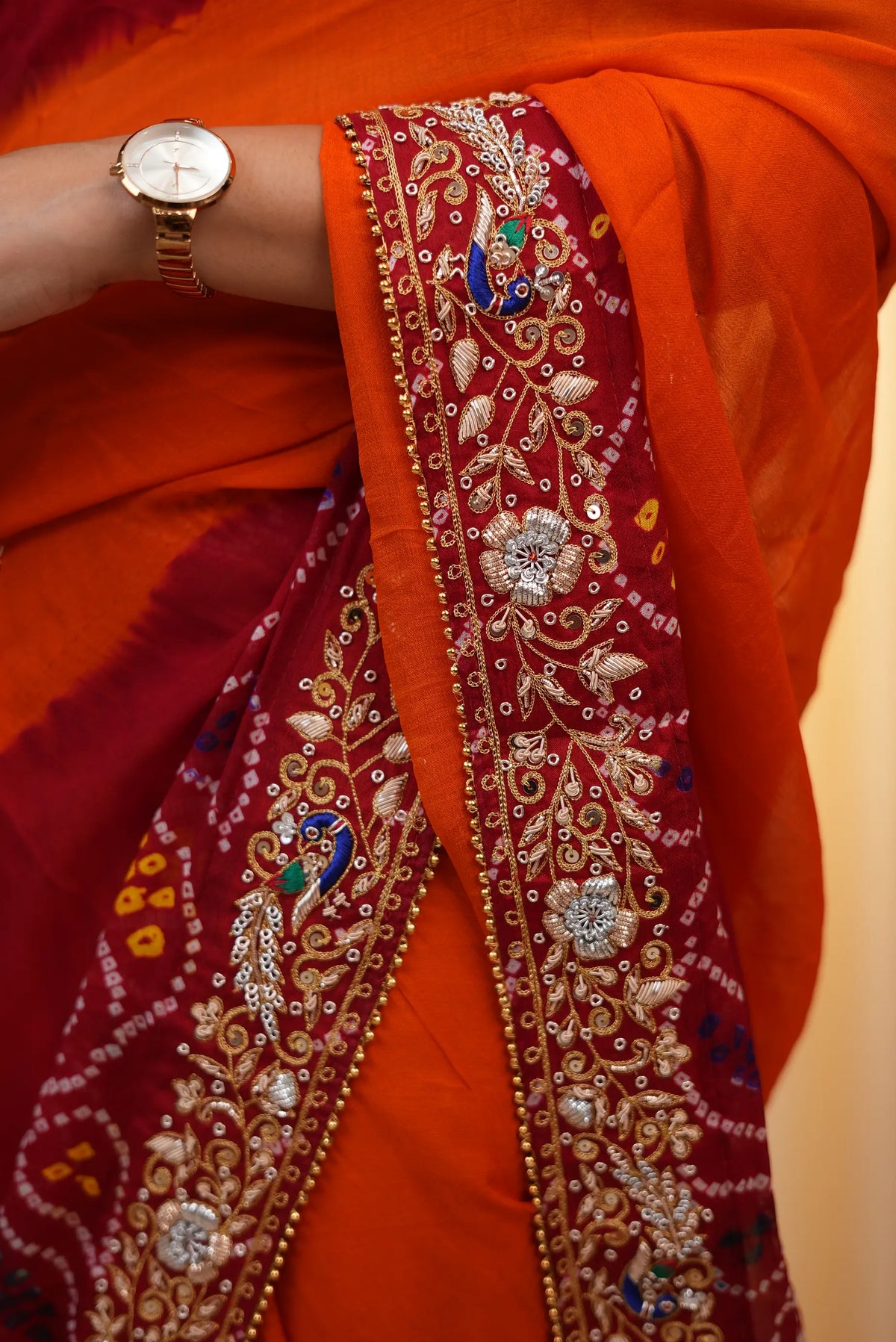 close up Shekhawati Pila Pure Ozhariya Rai Bandhani Saree with Peacock Pattern Zardozi & Calcutta Handwork 
