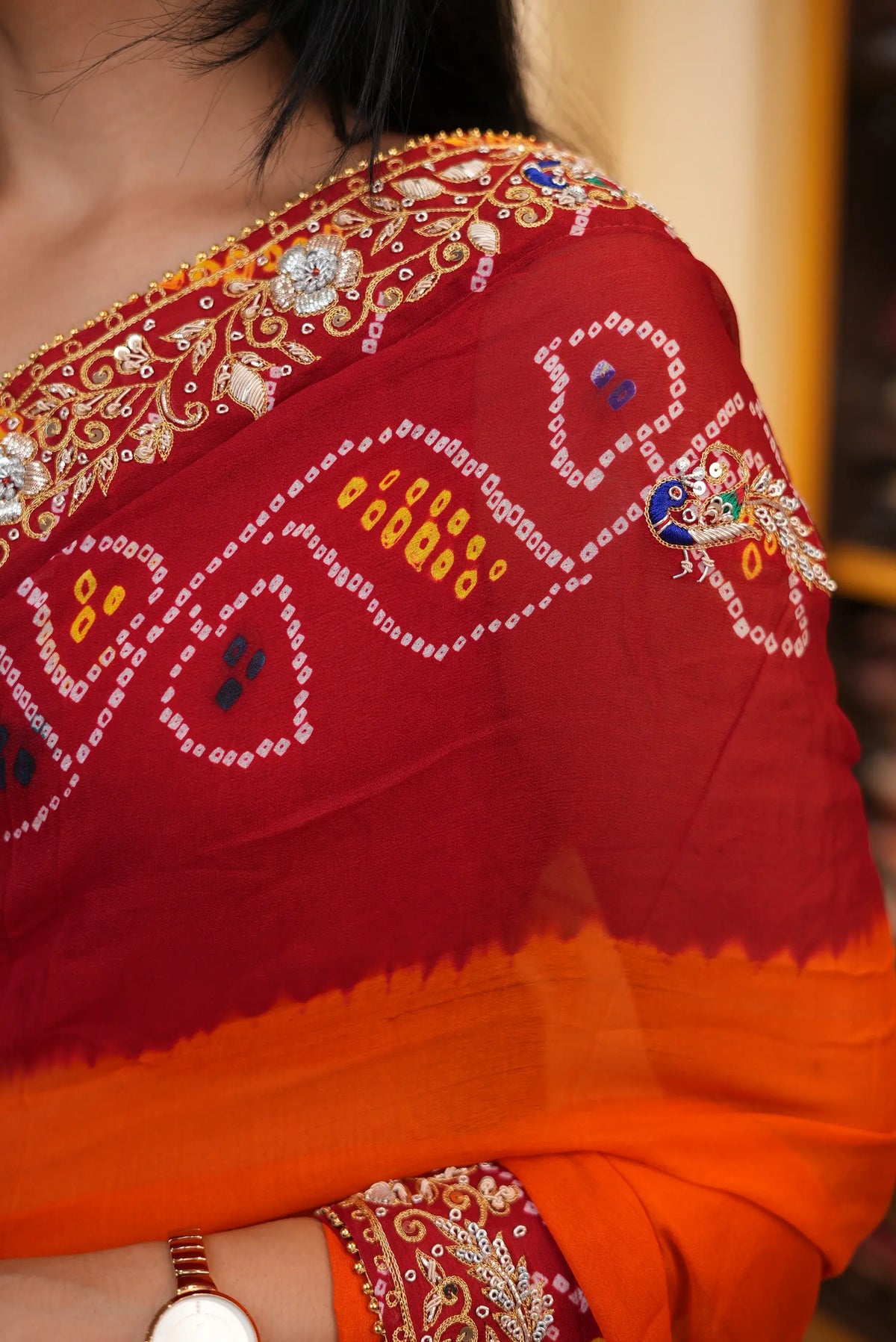 close up Shekhawati Pila Pure Ozhariya Rai Bandhani Saree with Peacock Pattern Zardozi & Calcutta Handwork 