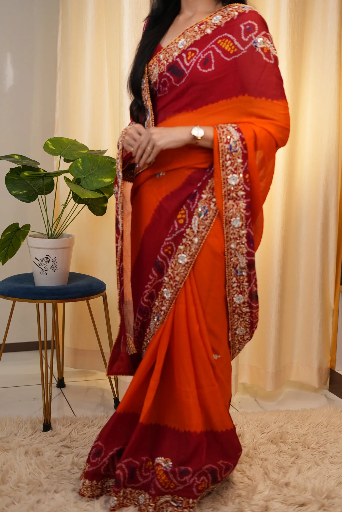 Shekhawati Pila Pure Ozhariya Rai Bandhani Saree with Peacock Pattern Zardozi & Calcutta Handwork (With Blouse)