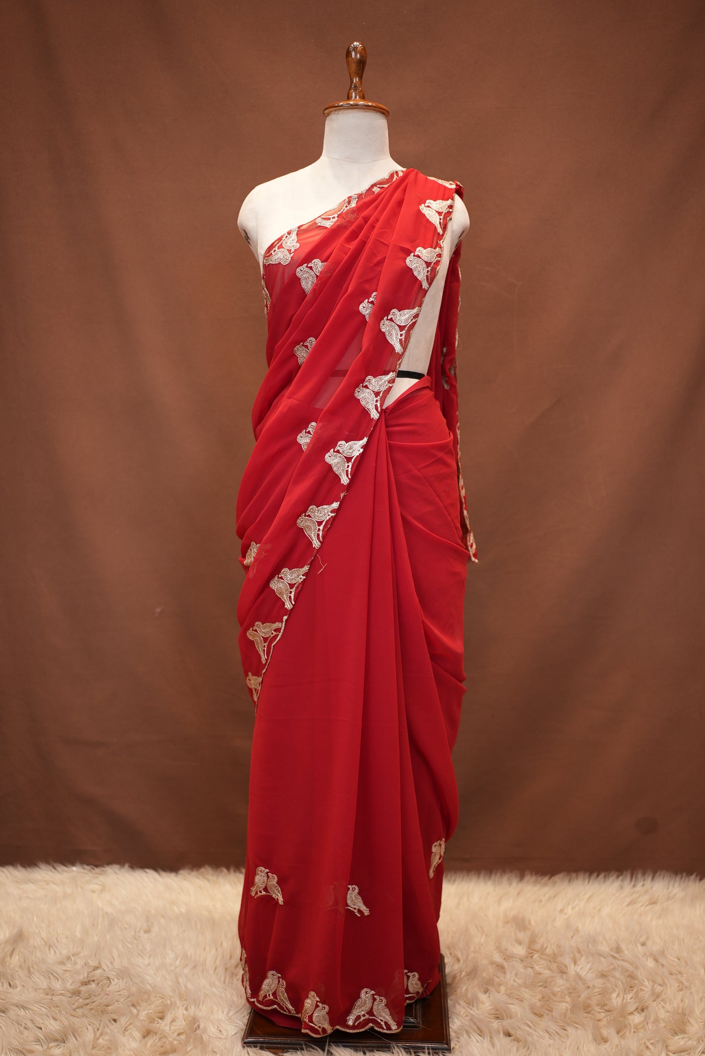 GEORGETTE FABRIC BLOODRED COLOR SAREE WITH FIGURE PATTERN BUTI & CUT WORK BORDER (WITH BLOUSE) ##SR621