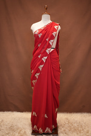 GEORGETTE FABRIC BLOODRED COLOR SAREE WITH FIGURE PATTERN BUTI & CUT WORK BORDER (WITH BLOUSE) ##SR621