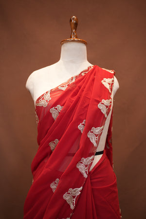GEORGETTE FABRIC BLOODRED COLOR SAREE WITH FIGURE PATTERN BUTI & CUT WORK BORDER (WITH BLOUSE) ##SR621