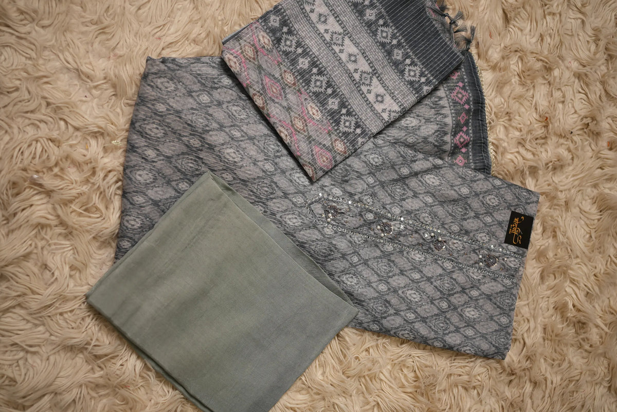 Tissue Silk Unstitched Suit Material with Handworked Mirror Work, Pearl, Moti with Printed Dupatta