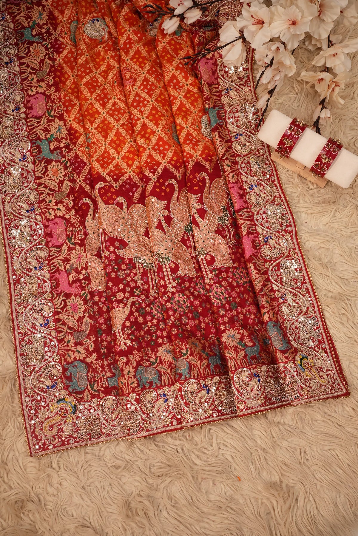 Pure Kaddi Geaogette Fabric Calcutta Handwork Pila Dupatta With Lord Ganesh & Elephant Handwork motif (Pre-Booking)