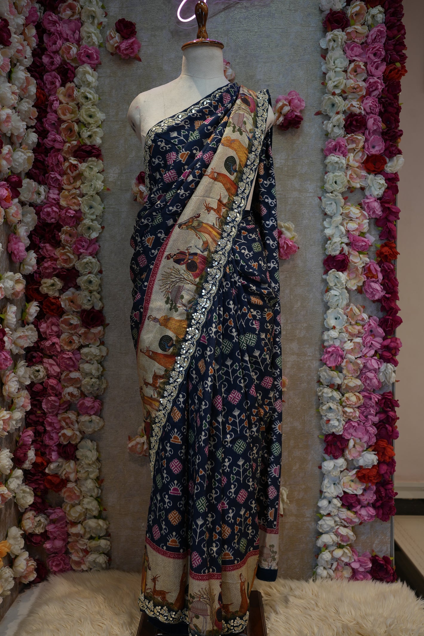 MADHUBANI DESIGN GOTA PATTI AND ZARDOZI HANDWORK SAREE (WITH BLOUSE) BASE NAVY BLUE ##SR0350
