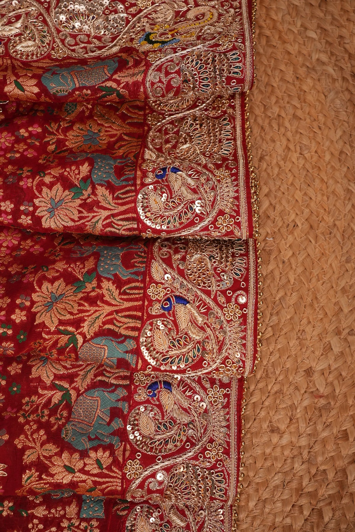 Pure Kaddi Geaogette Fabric Calcutta Handwork Pila Dupatta With Lord Ganesh & Elephant Handwork motif (Pre-Booking)