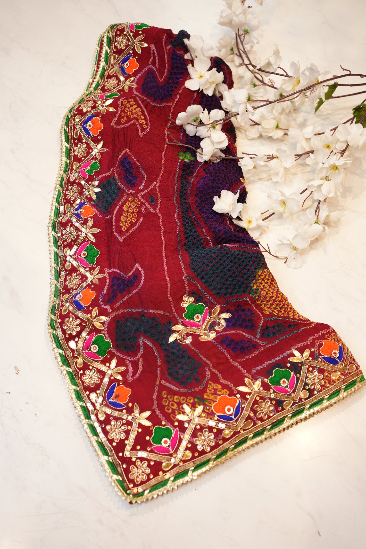 Rajasthani Hand Work Chunri – Pure Crepe in Reddish Mehroon COLOUR ##CH001