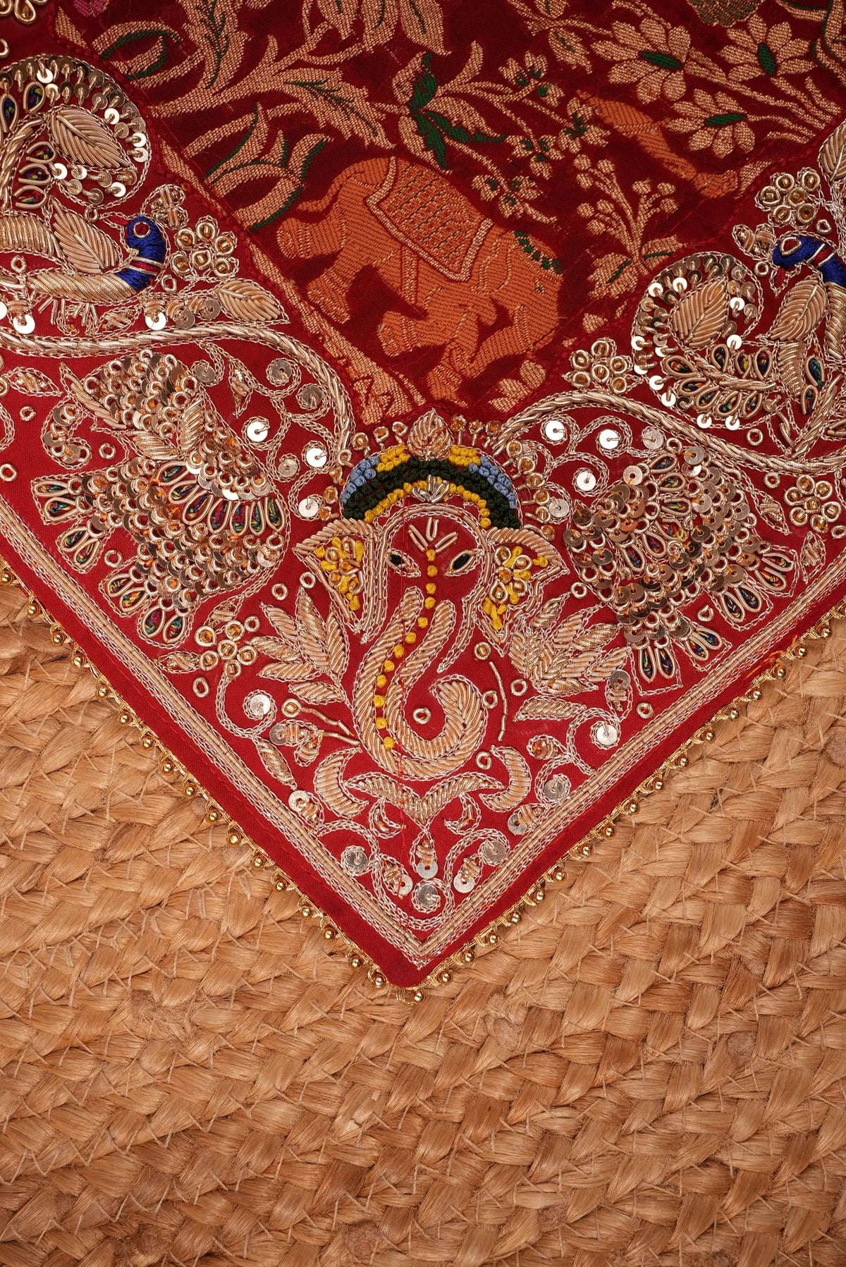 Pure Kaddi Geaogette Fabric Calcutta Handwork Pila Dupatta With Lord Ganesh & Elephant Handwork motif (Pre-Booking)