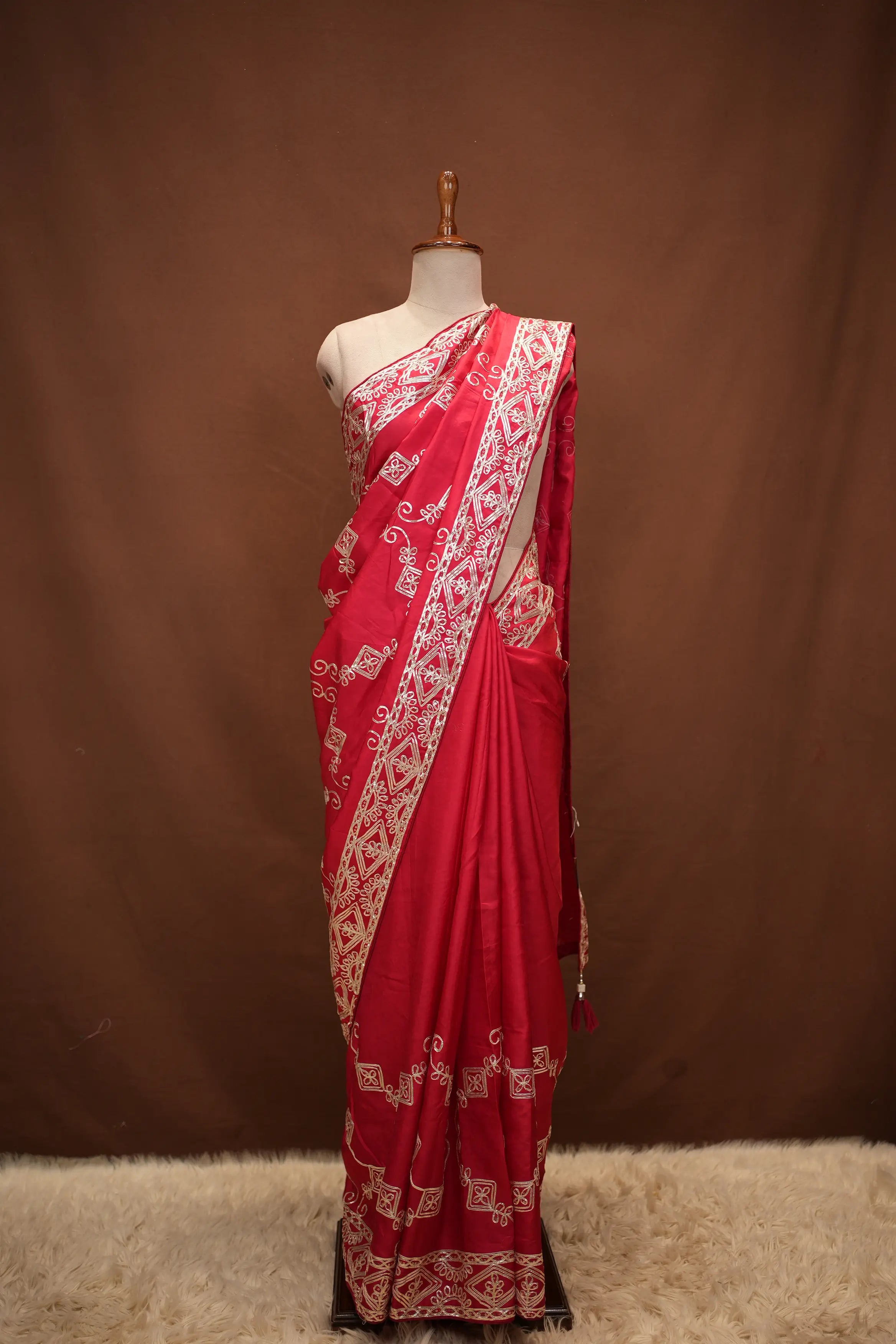 Kacha Gota & Sequence Work With Heavy Jaal Pattern Saree On Dola Silk Fabric (With Blouse)