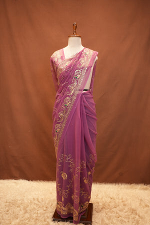 GEORGETTE FABRIC SAREE WITH JAAL PATTERN & SEQUENCE AND VINTAGE WORK (WITH BLOUSE)  ##SR624