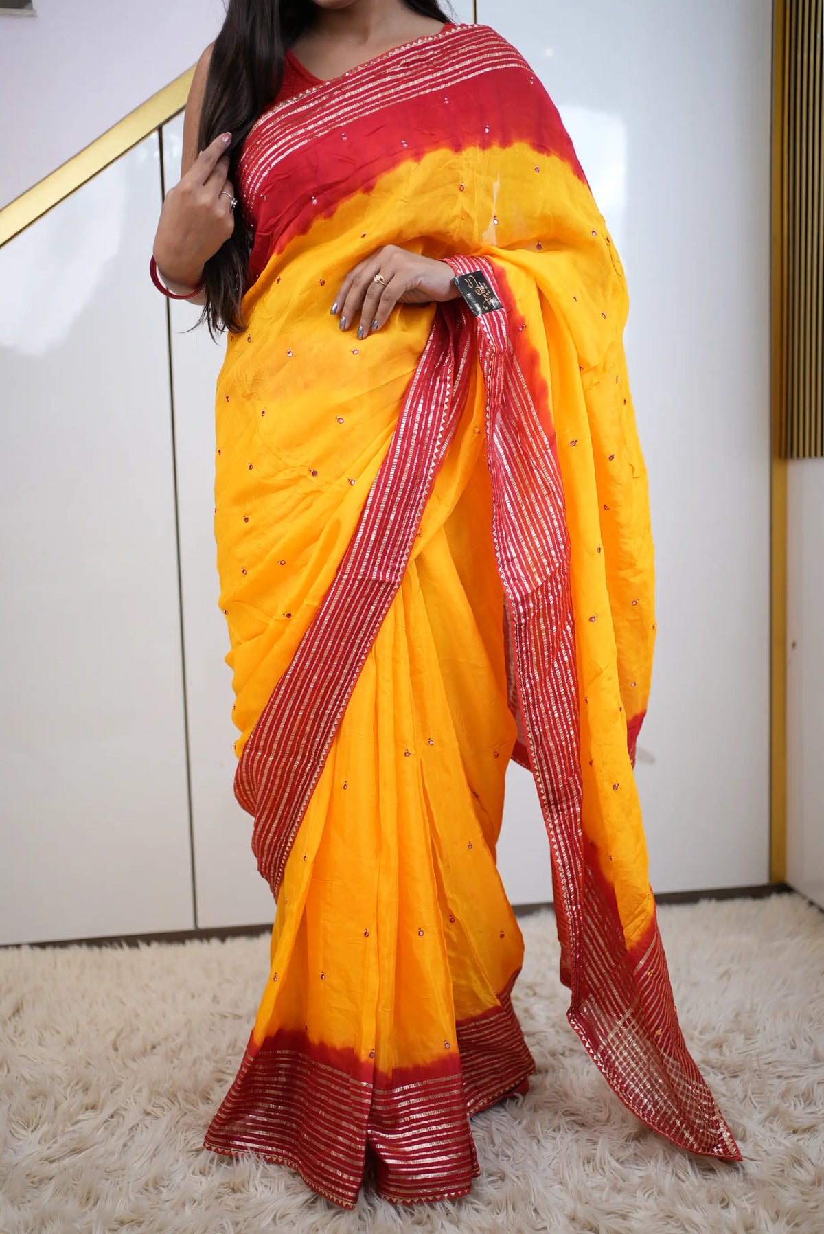 Sindoori Red Saree with Mirror Work & Handwork Zari Border (With Blouse)