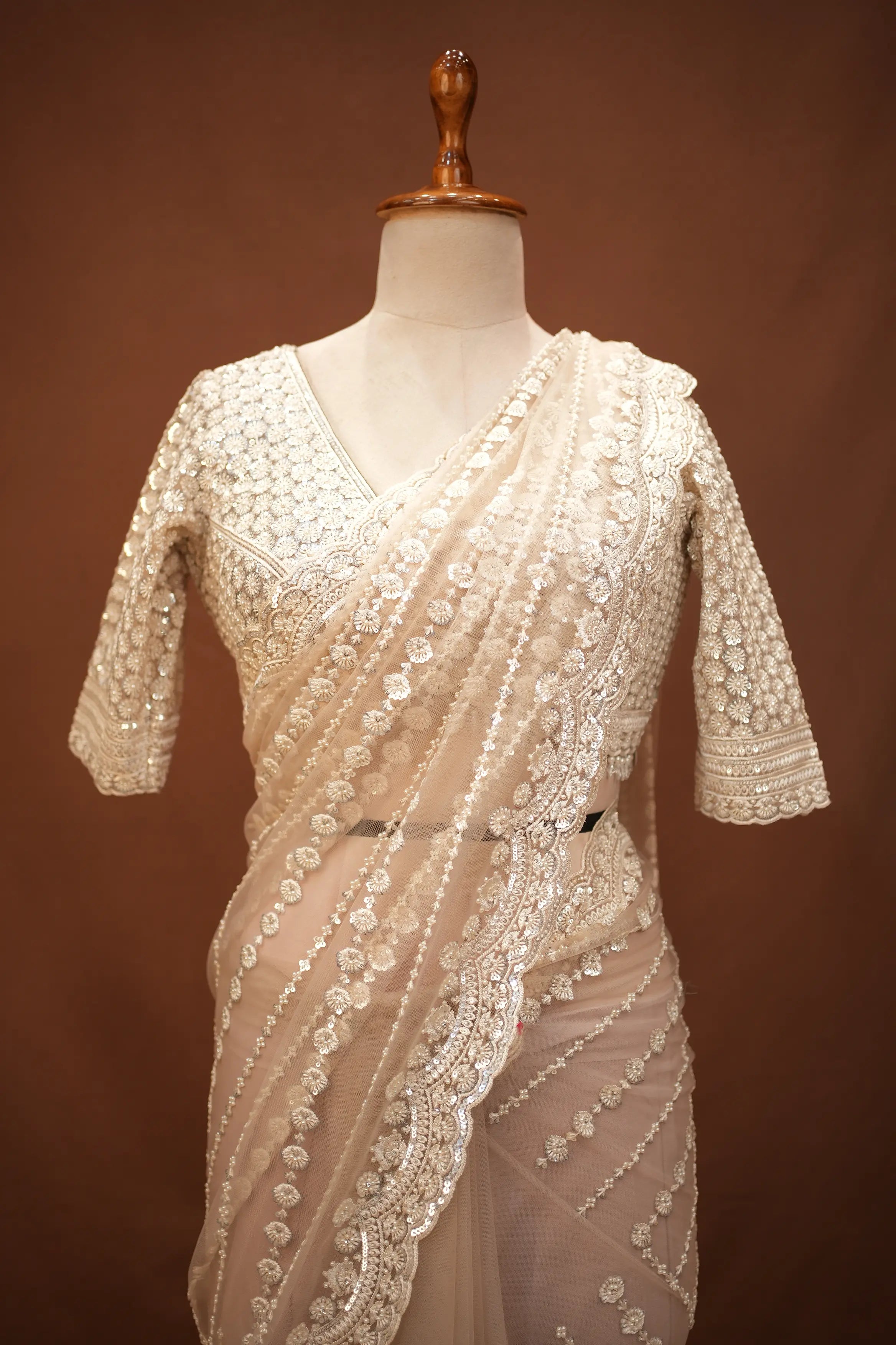 Stitch Blouse Saree With Sequence Pearl And Thareds Work (With Dupatta)