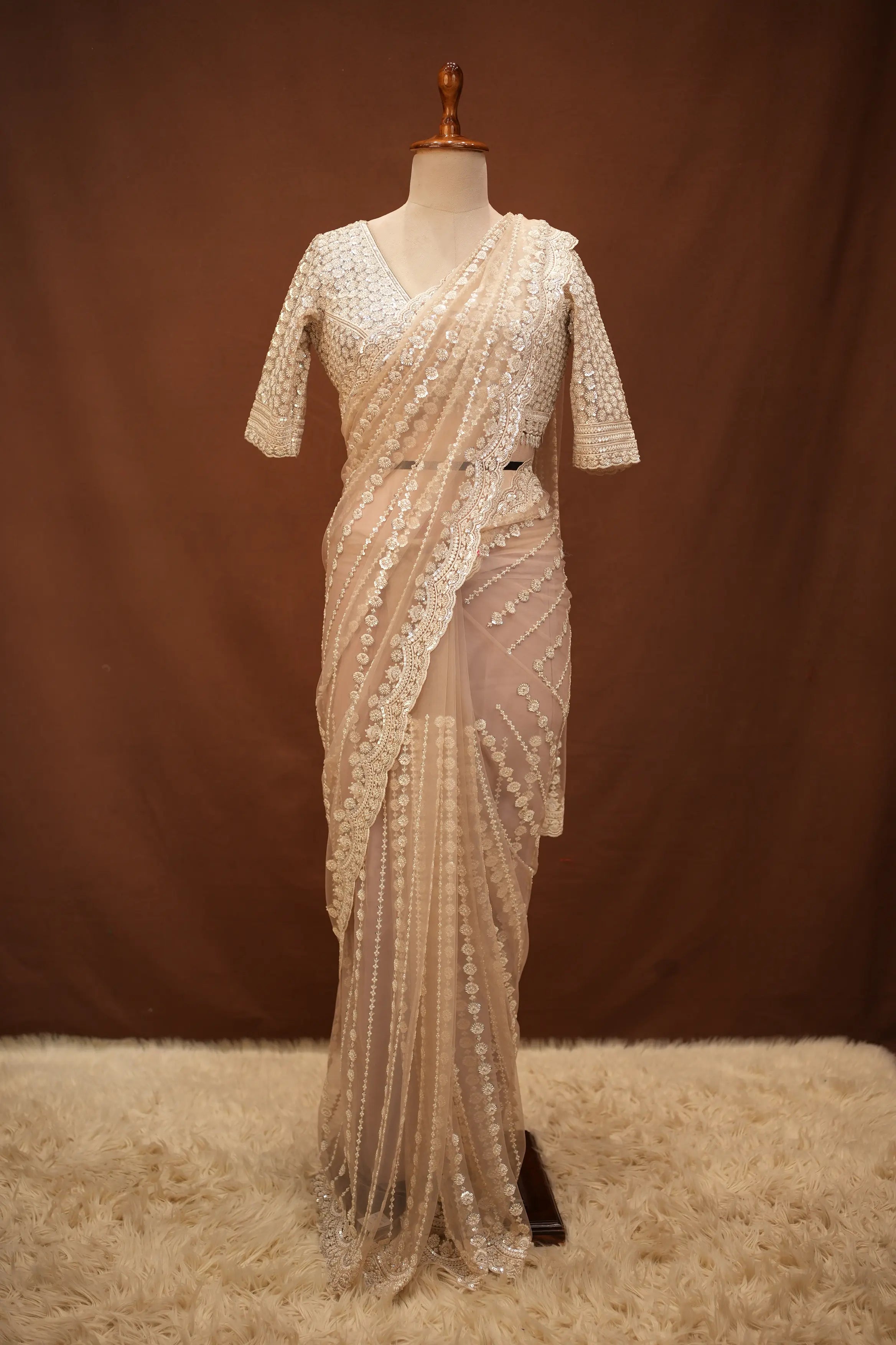 Stitch Blouse Saree With Sequence Pearl And Thareds Work (With Dupatta)
