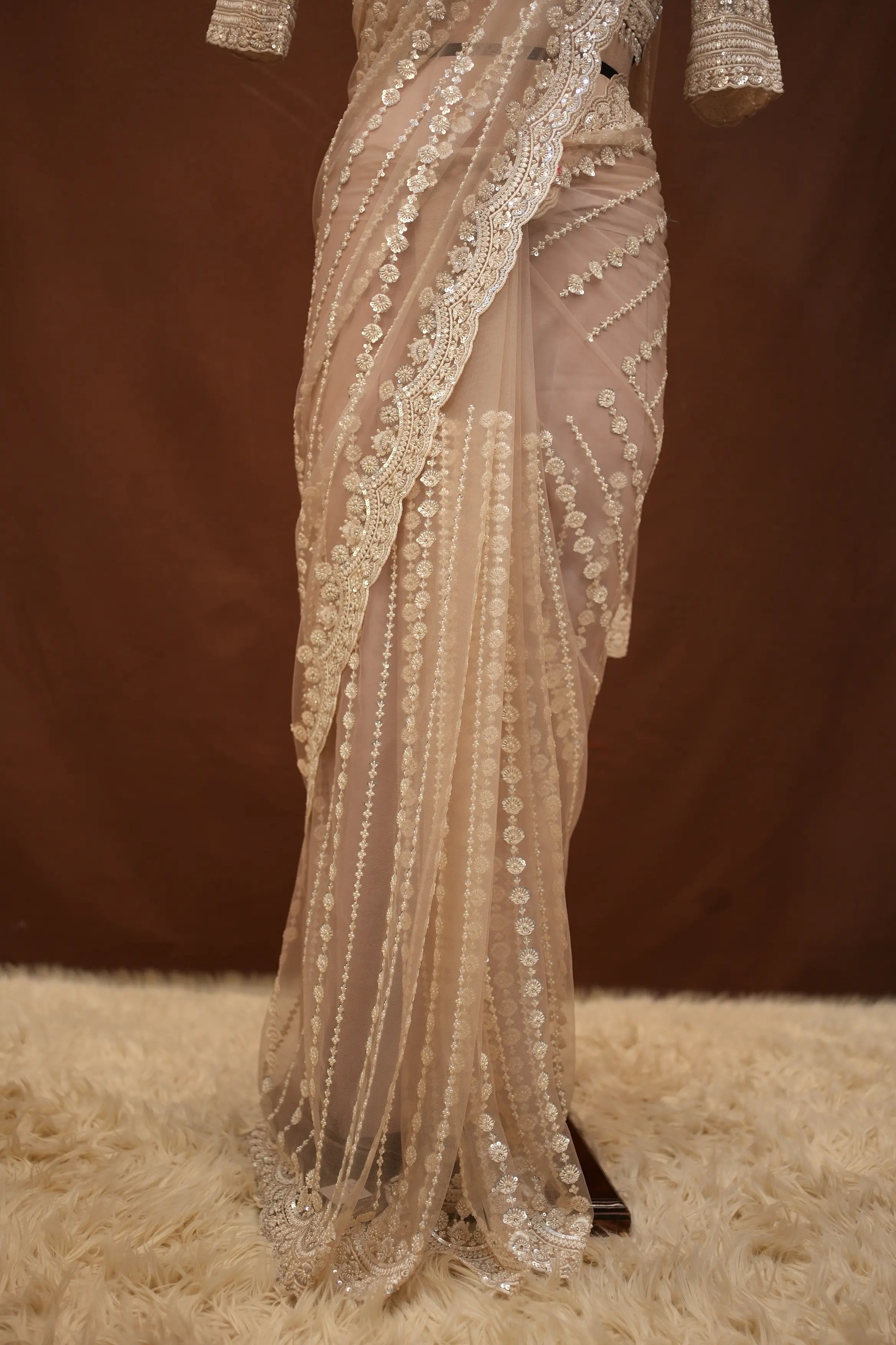 Stitch Blouse Saree With Sequence Pearl And Thareds Work (With Dupatta)