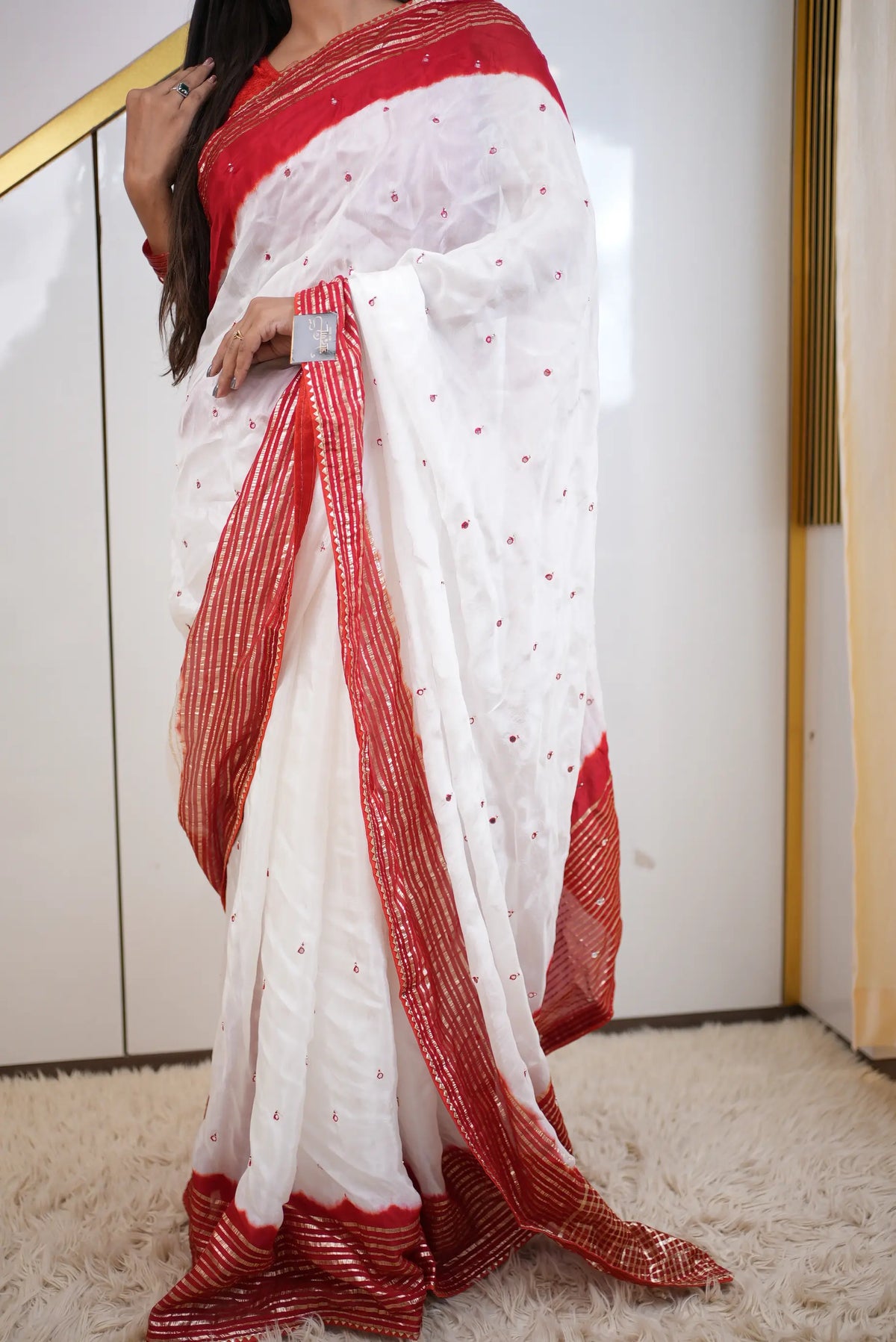 Sindoori Red Saree with Mirror Work & Handwork Zari Border (With Blouse)