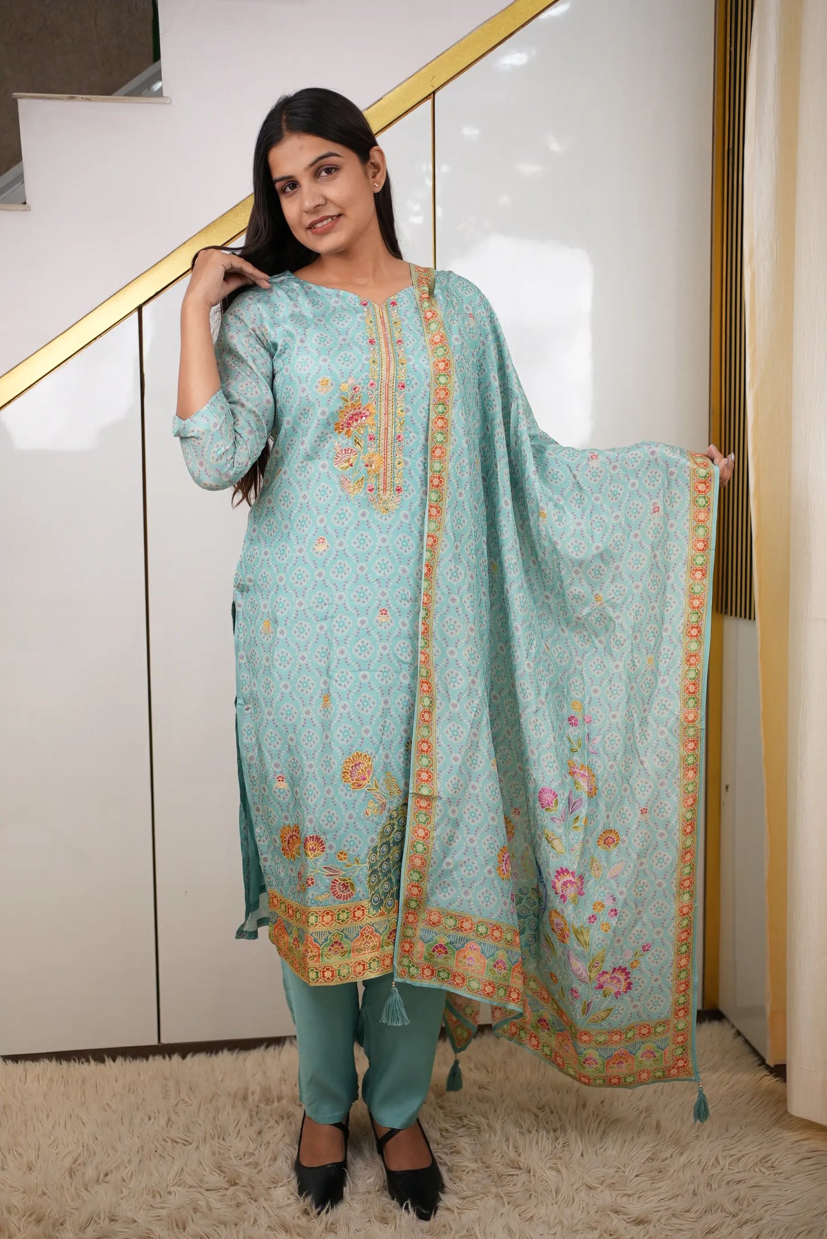 Elegant Aqua Blue Banarasi Fabric 3-Piece Suit Set with Zardozi Handwork, Peacock Motifs & Floral Embroidery