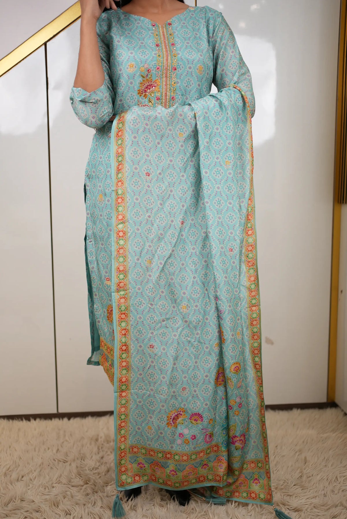 Elegant Aqua Blue Banarasi Fabric 3-Piece Suit Set with Zardozi Handwork, Peacock Motifs & Floral Embroidery